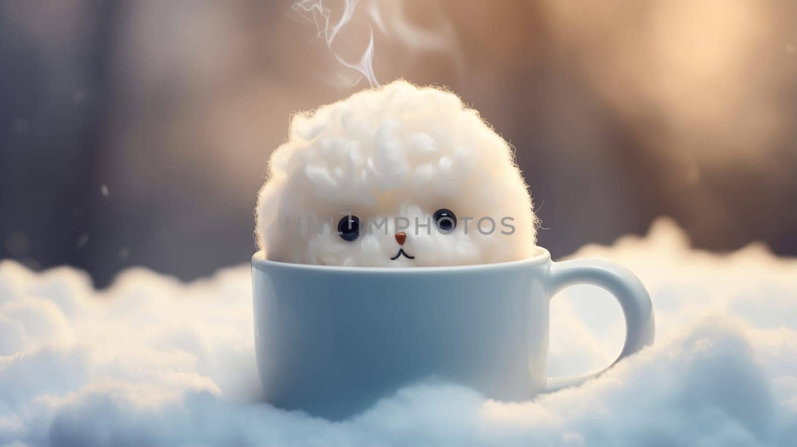 Christmas Mug with marshmallow on blurred background with bokeh effect. by AndreyKENO