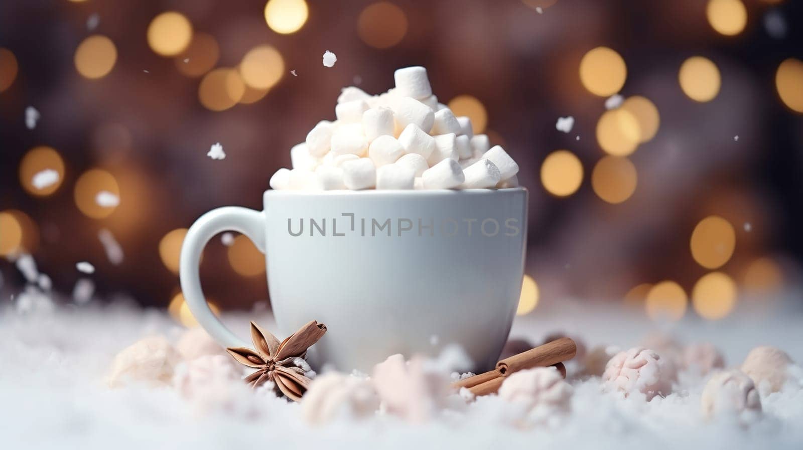 Christmas Mug with marshmallow on blurred background with bokeh effect. AI Generated.