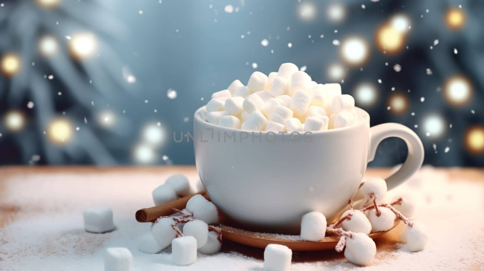 Christmas Mug with marshmallow on blurred background with bokeh effect. by AndreyKENO