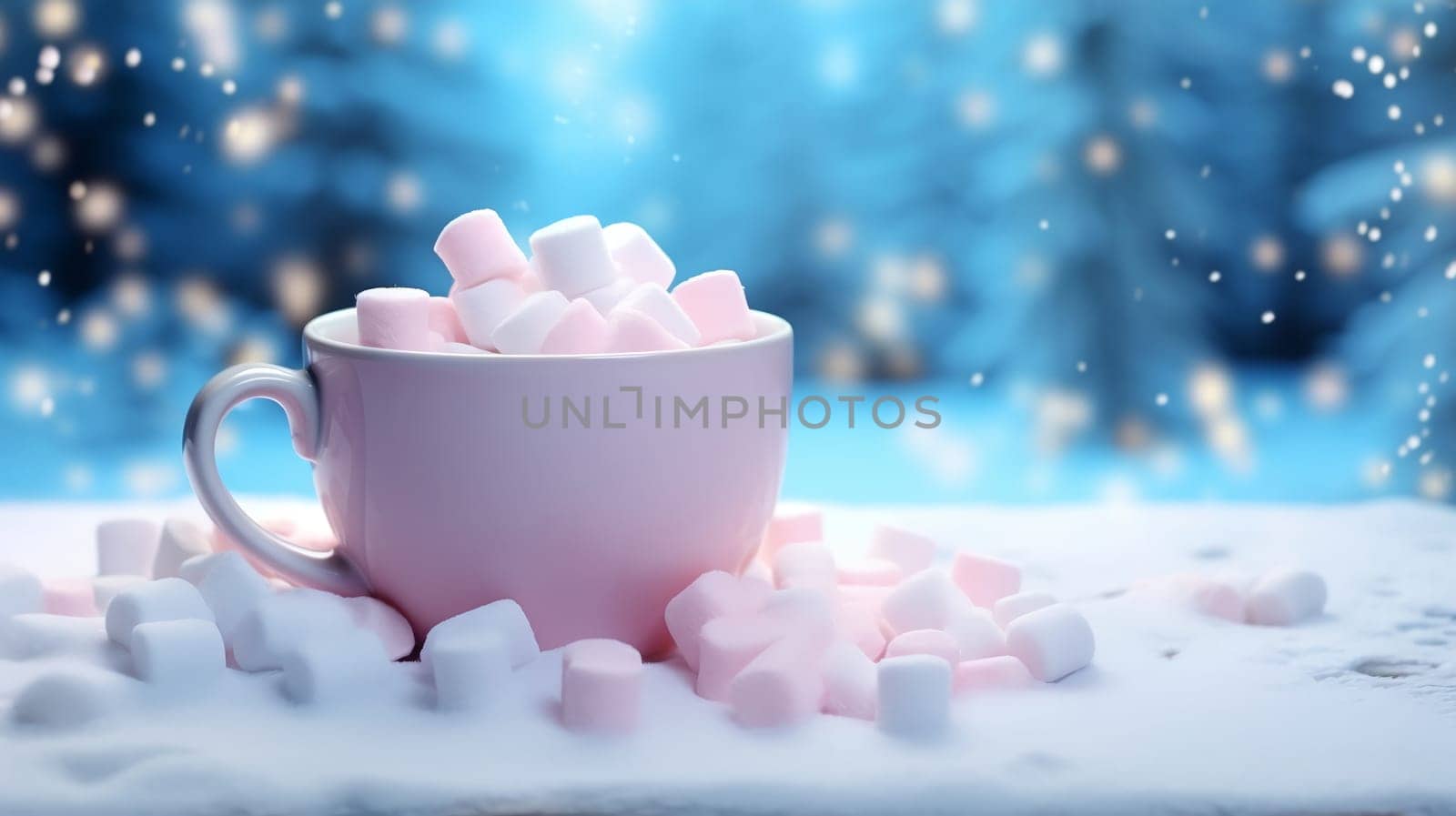 Christmas Mug with marshmallow on blurred background with bokeh effect. AI Generated.