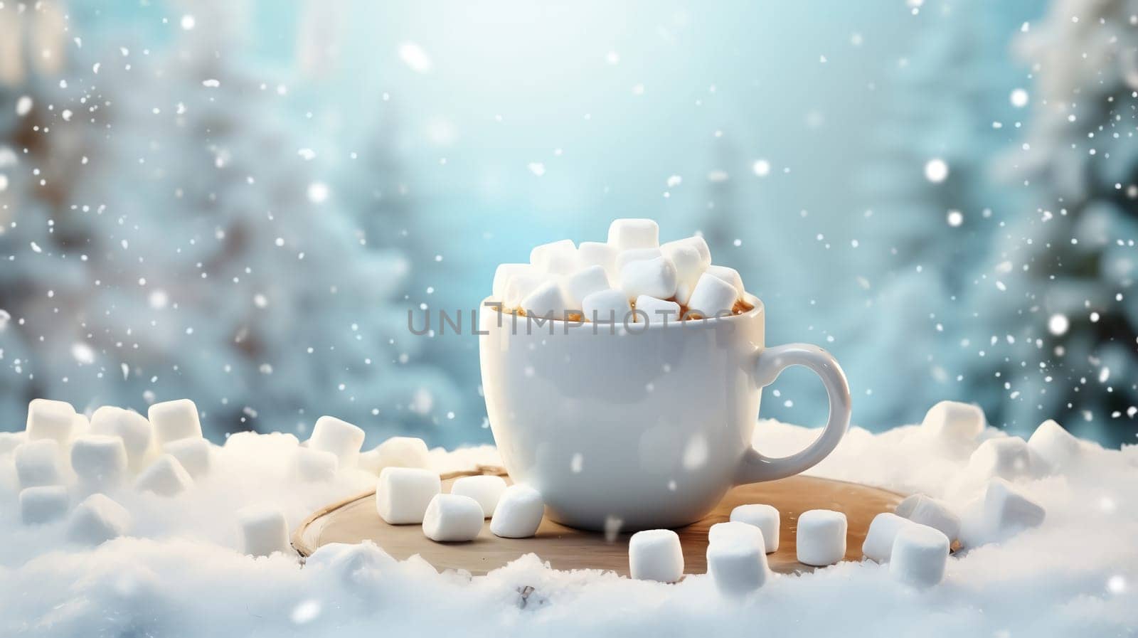 Christmas Mug with marshmallow on blurred background with bokeh effect. by AndreyKENO