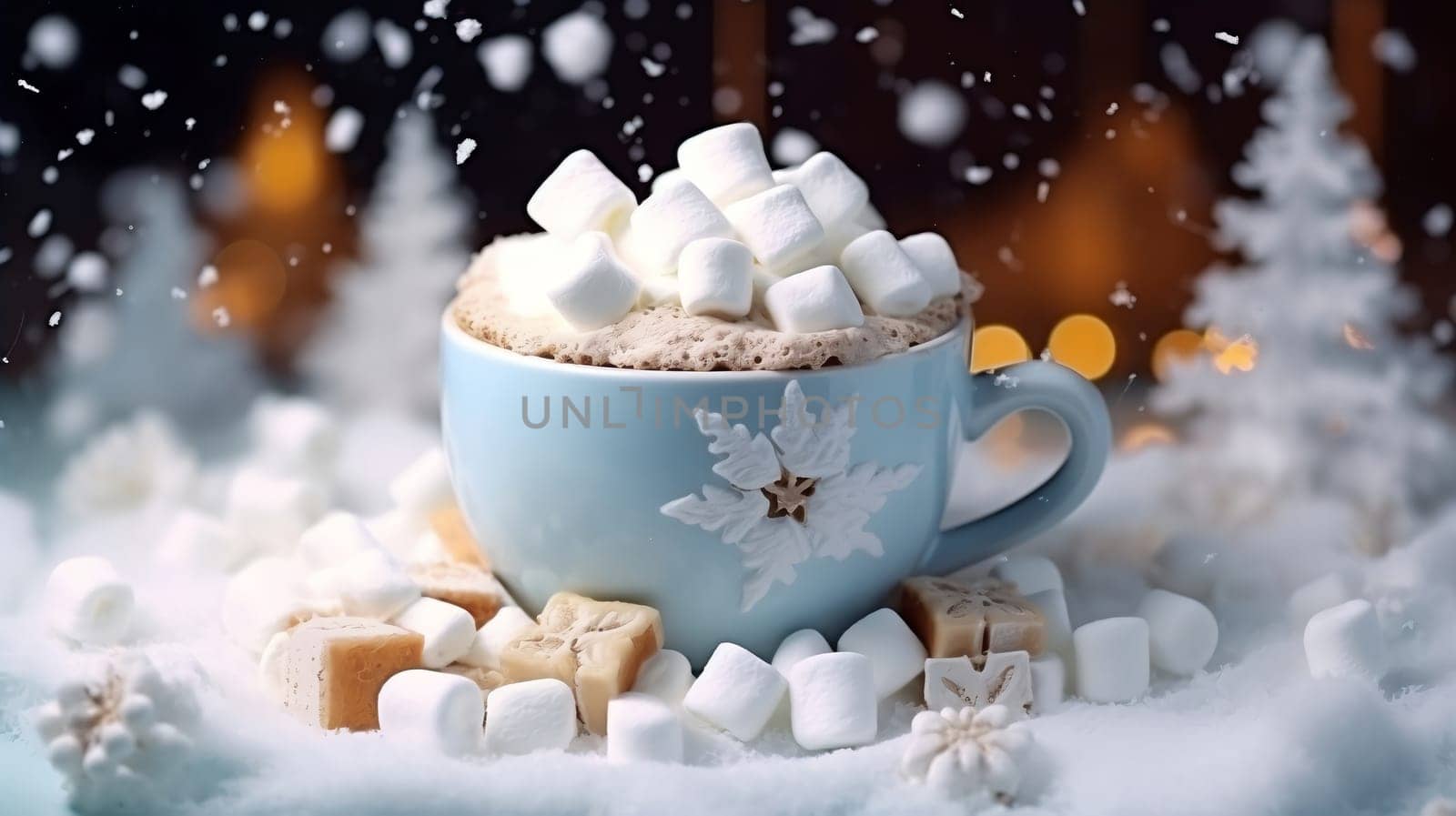 Christmas Mug with marshmallow on blurred background with bokeh effect. AI Generated.