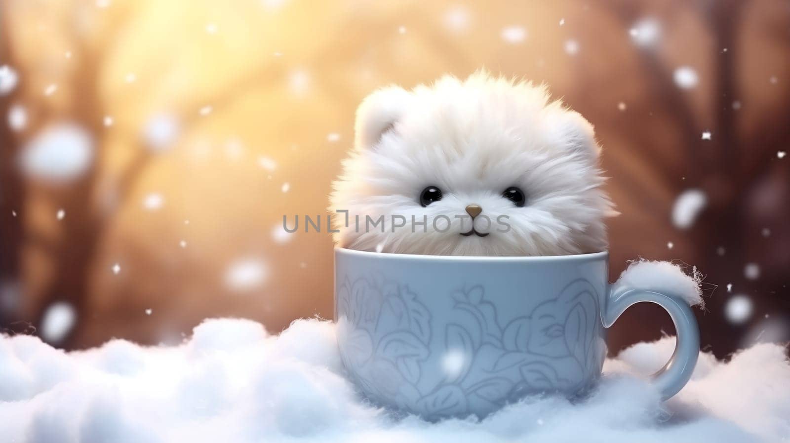 Christmas Mug with marshmallow on blurred background with bokeh effect. by AndreyKENO