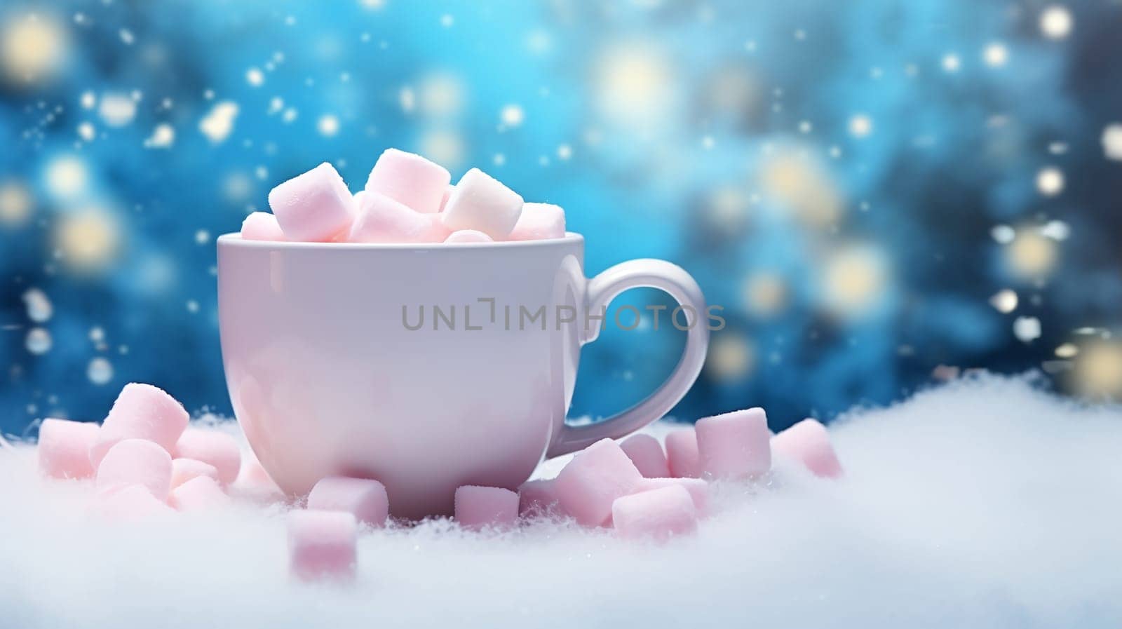 Christmas Mug with marshmallow on blurred background with bokeh effect. by AndreyKENO