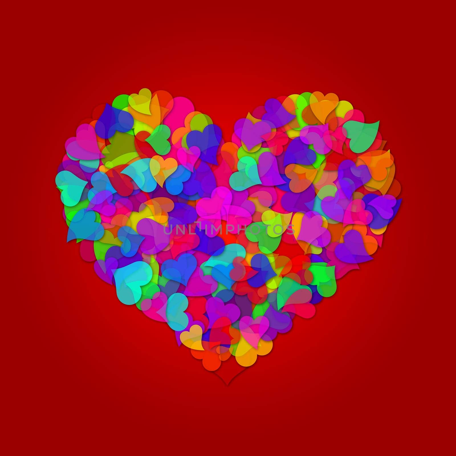 Colorful Hearts Forming Big Valentines Day Heart Shape Design Illustration on Red Background