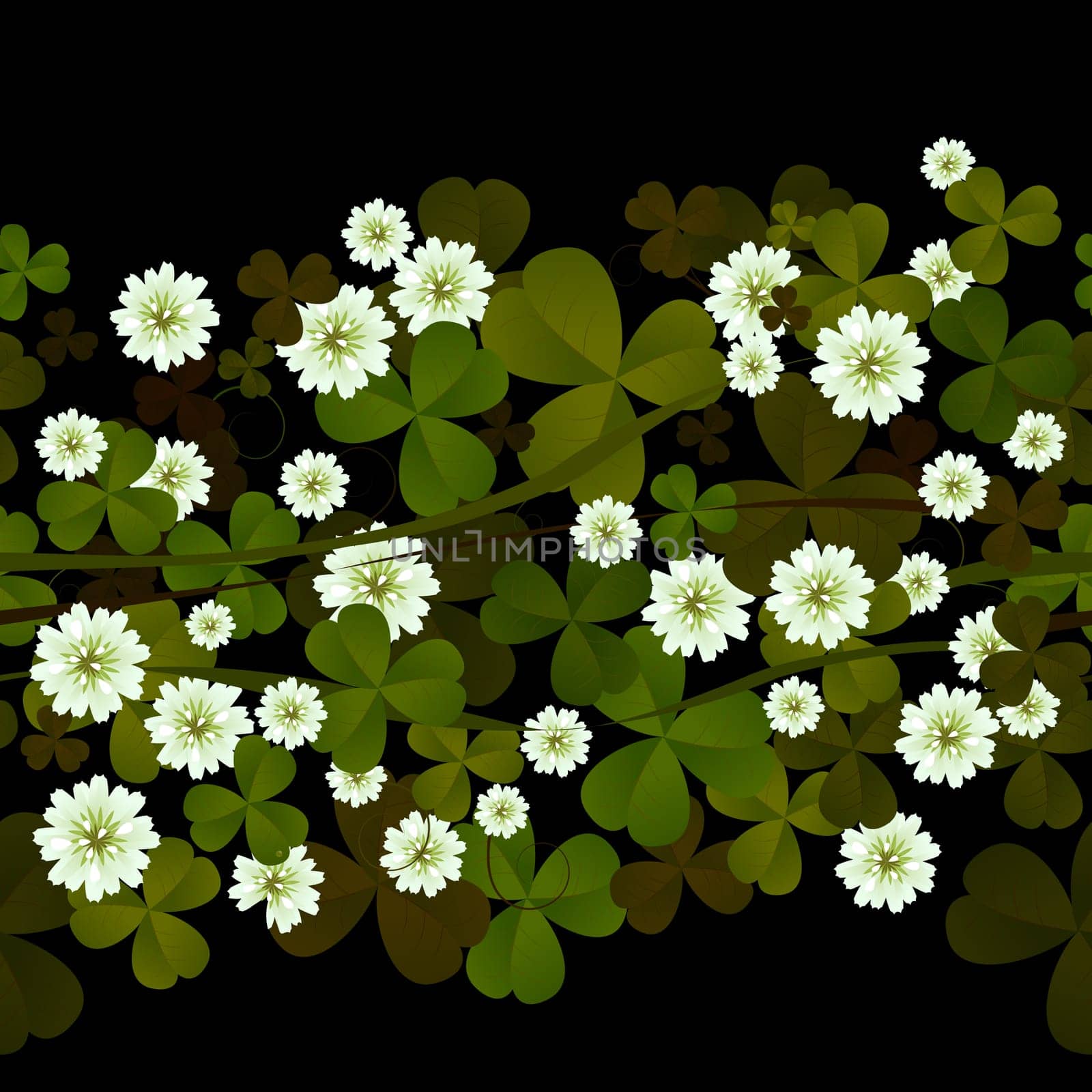 Seamless pattern with clover leaves and flowers over black
