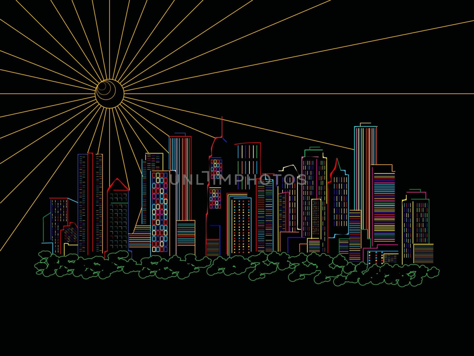 Stylized skyscrapers silhouettes over black background, abstract art illustration