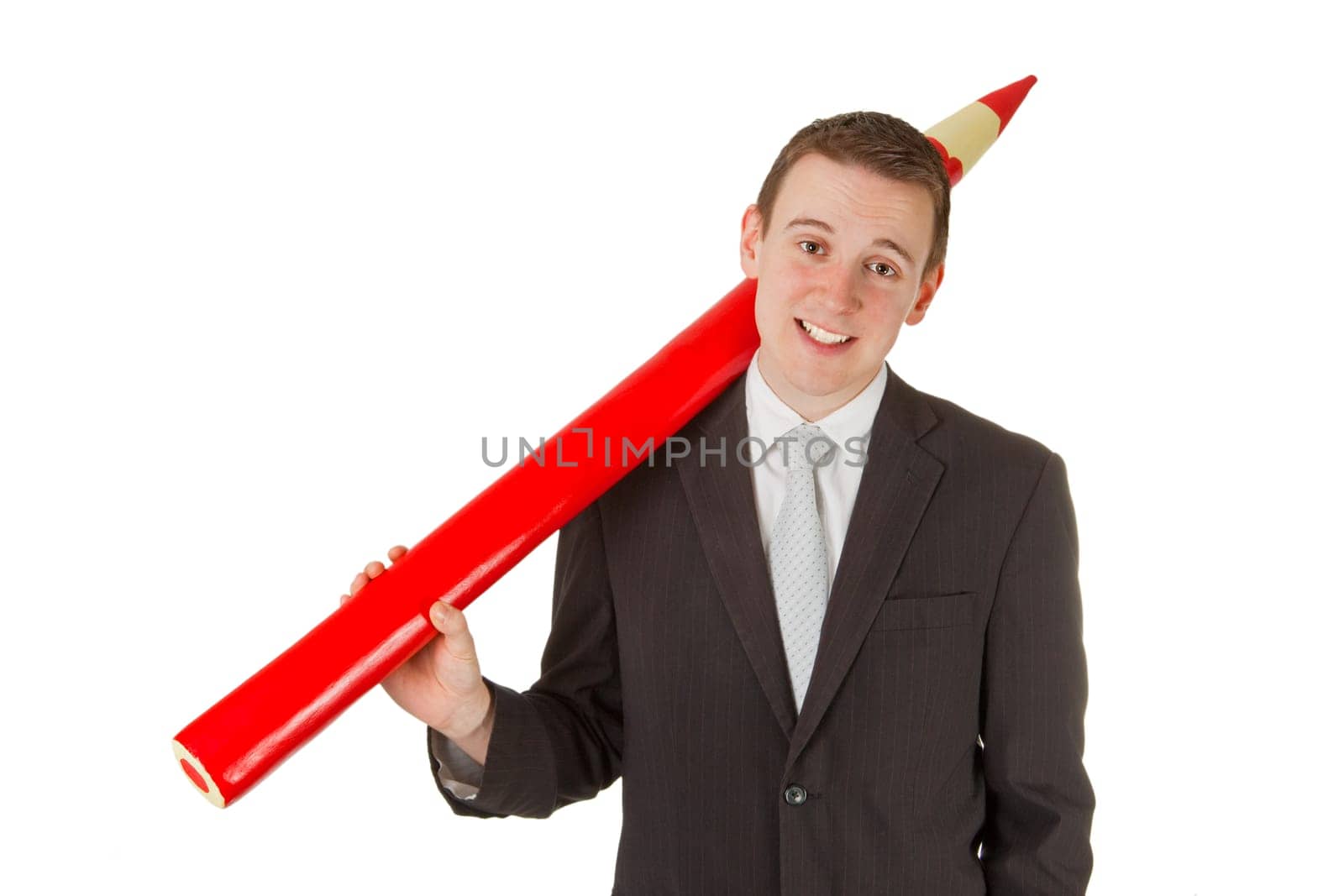Businessman with big red pencil isolated on white background