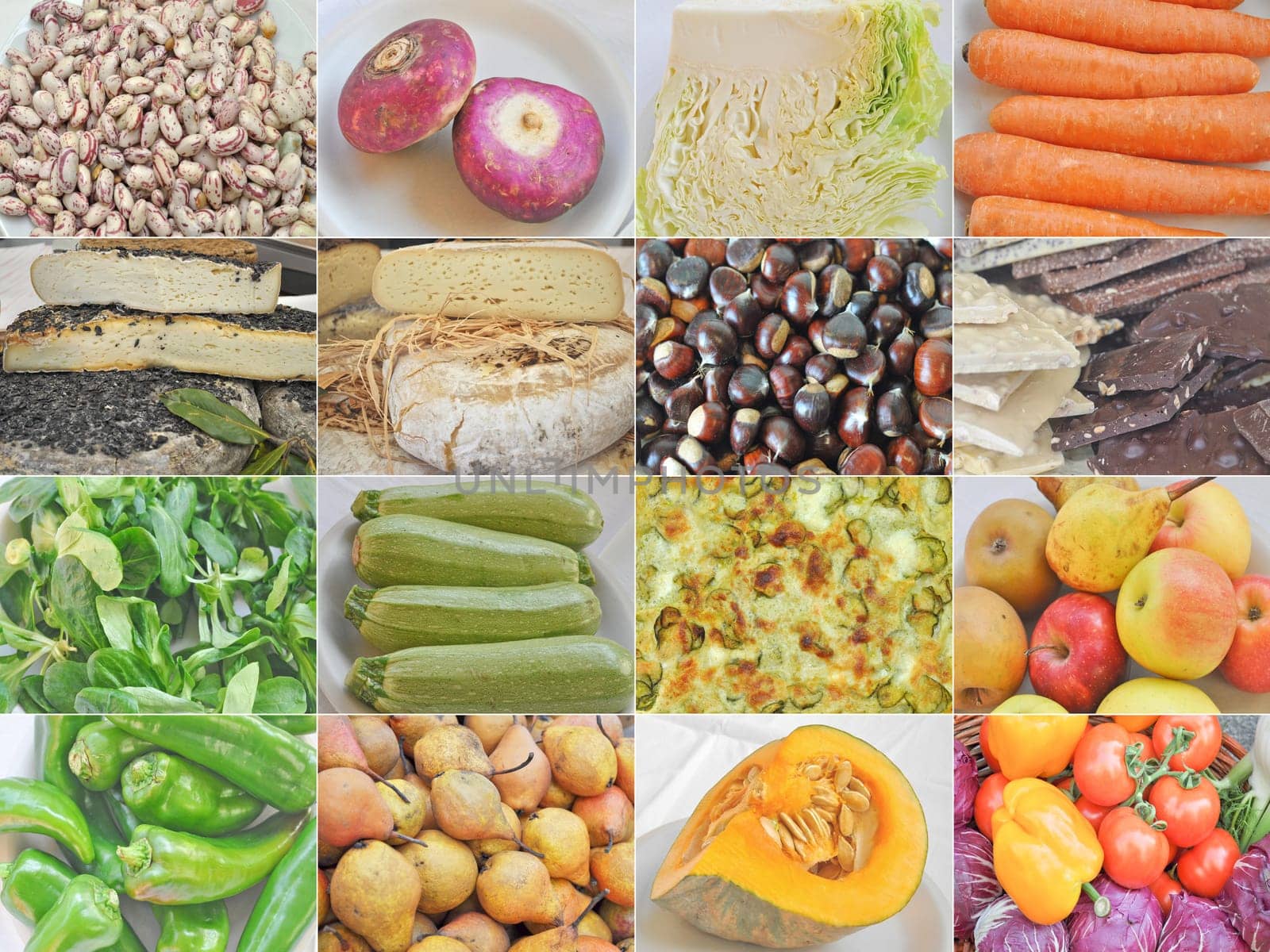 Food collage set with beans, vegetables, fruit and cheese
