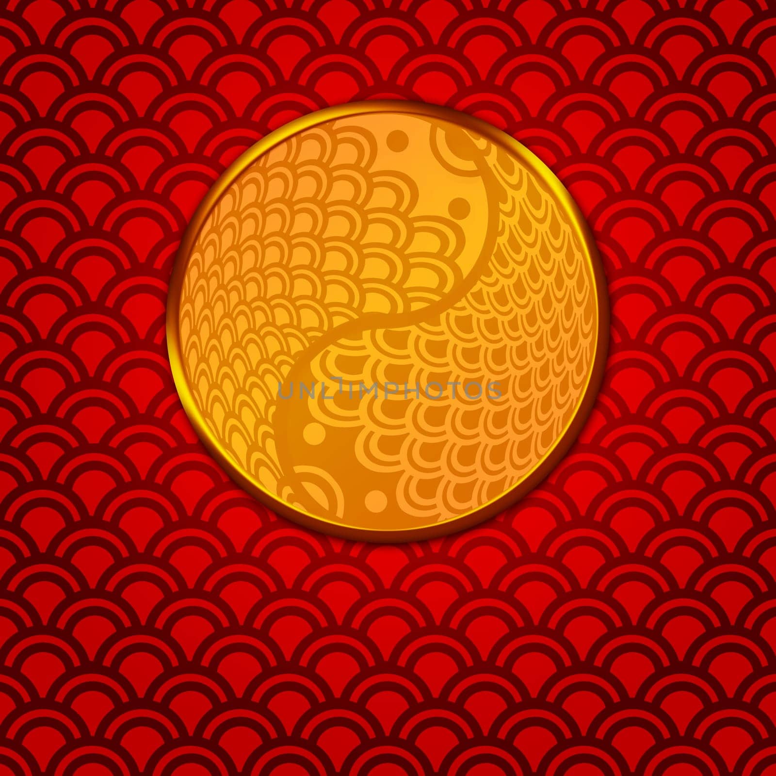 Chinese Pair of Fish in Yin Yang Eternity Circle Illustration on Red Pattern Background