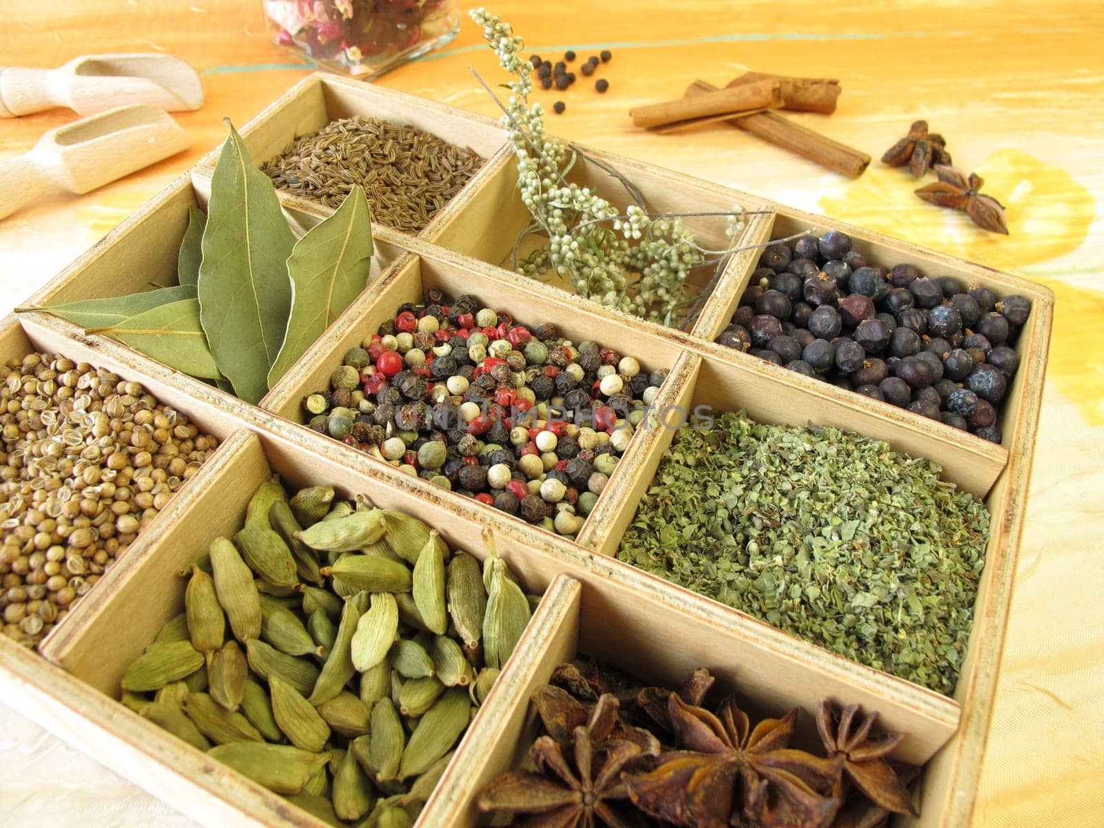 Spice box with pepper,marjoram,coriander and other spices