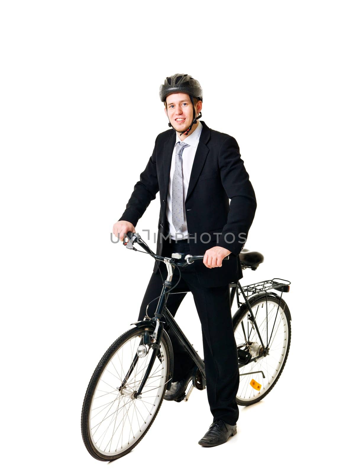 Happy businessman with bicycle and helmed isolated on white background