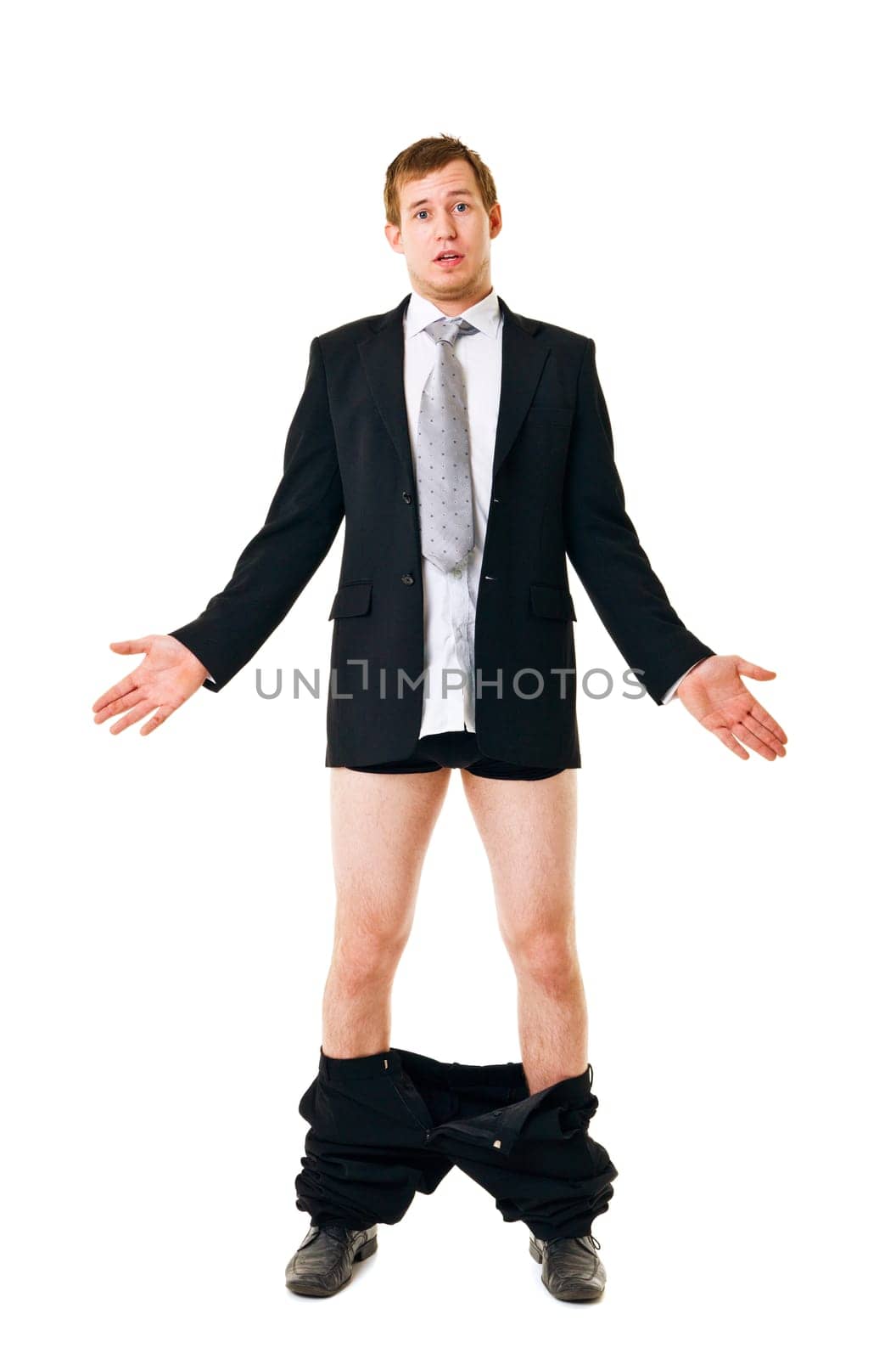 Man with his pants down isolated on white background