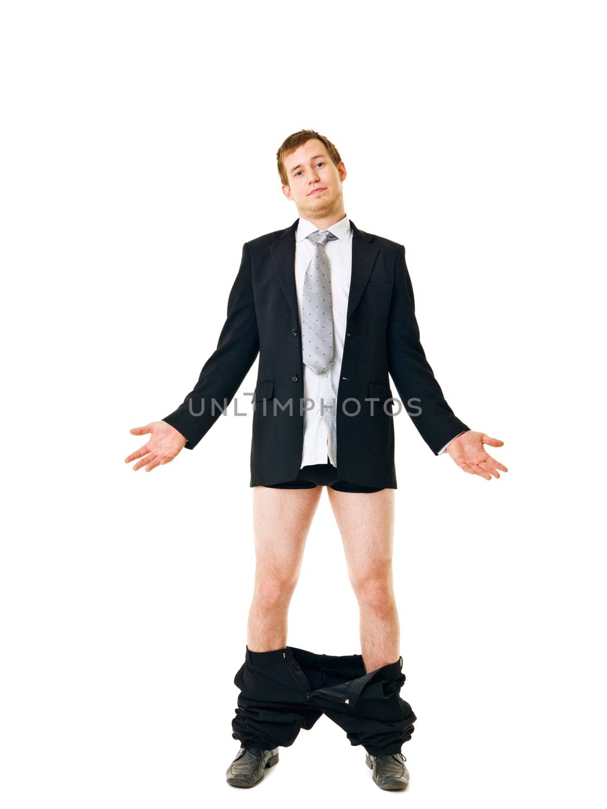 Man with his pants down isolated on white background