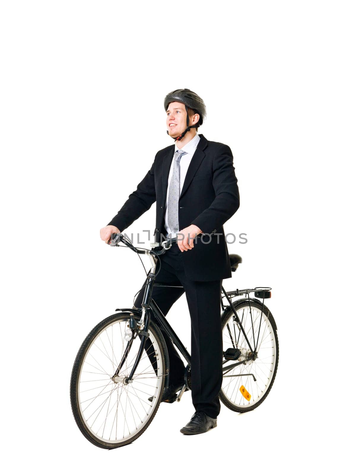 Young man with bicycle and helmed isolated on white background