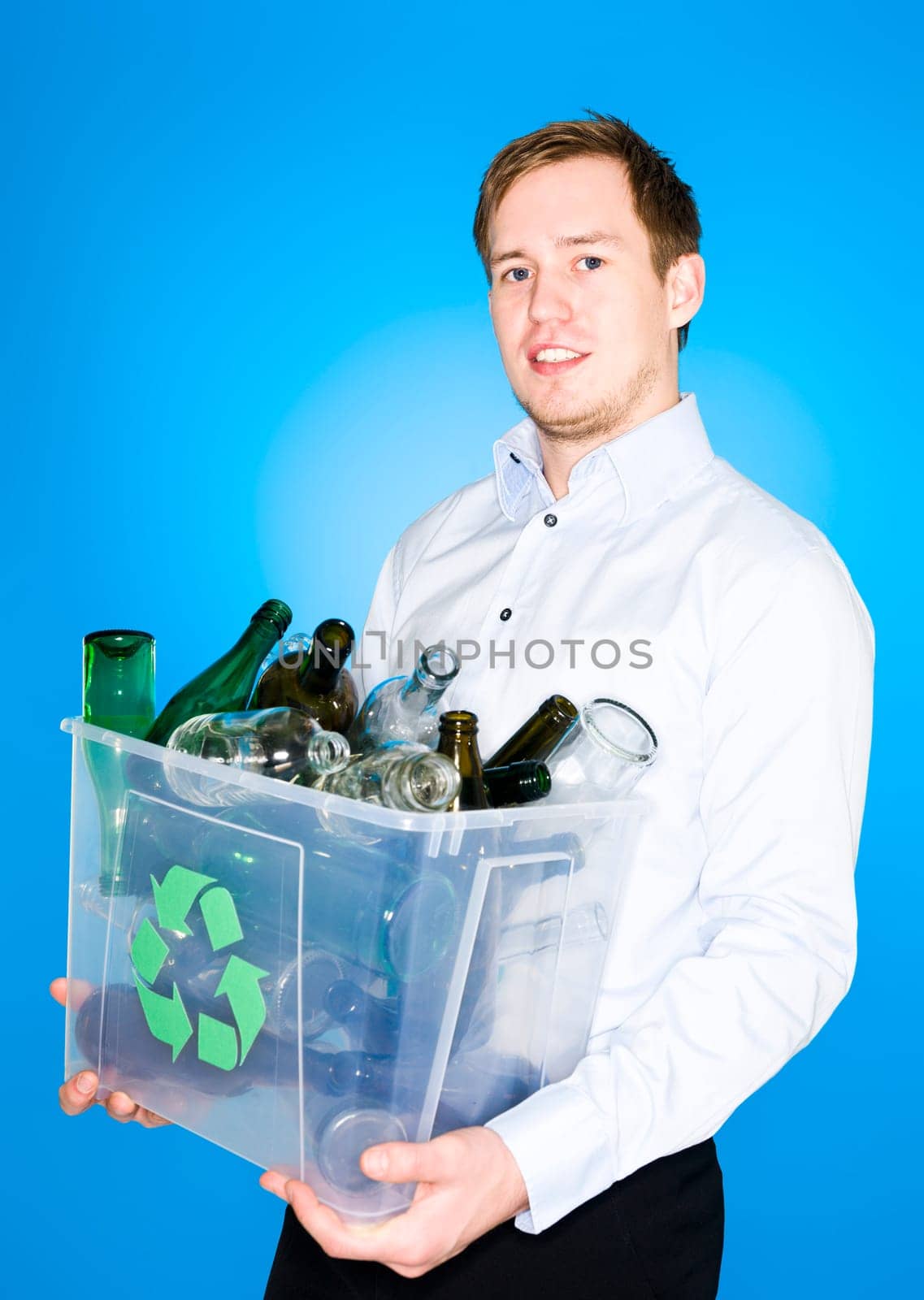 Young man with Glass recycling