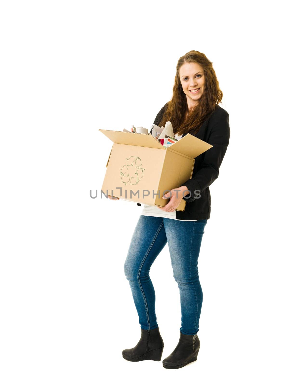 Woman Recycling Paper isolated on white background
