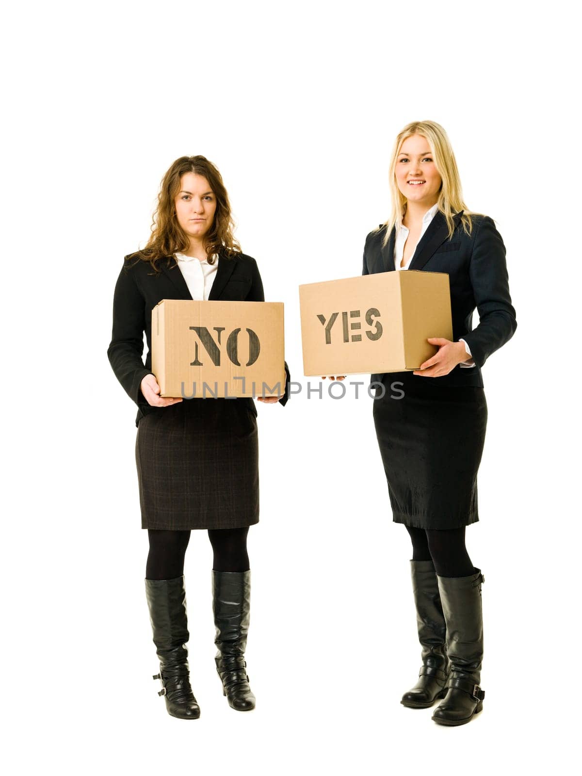 Businesswomen with yes- and no cardboard boxes isolated on white background