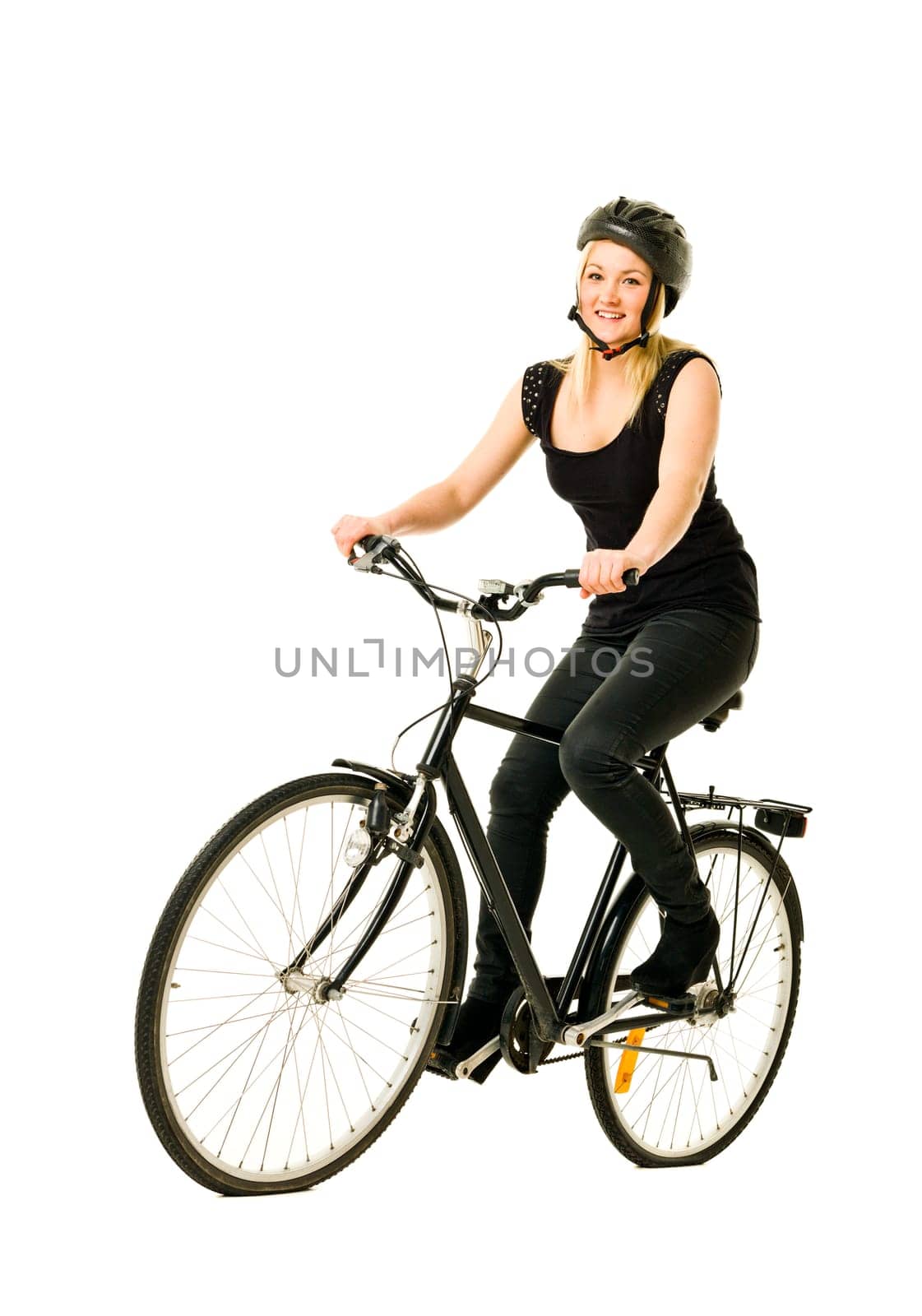 Woman on a bicycle isolated on white background