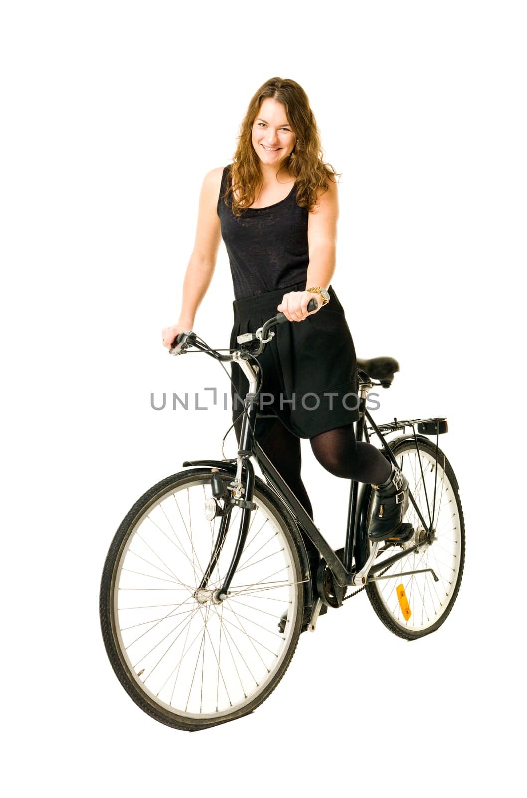 Woman on a bicycle isolated on white background