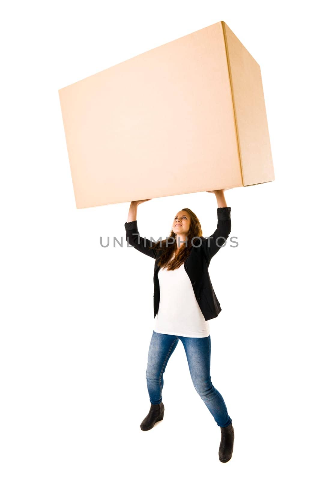 Woman with a very large Cardboard Box over her Head