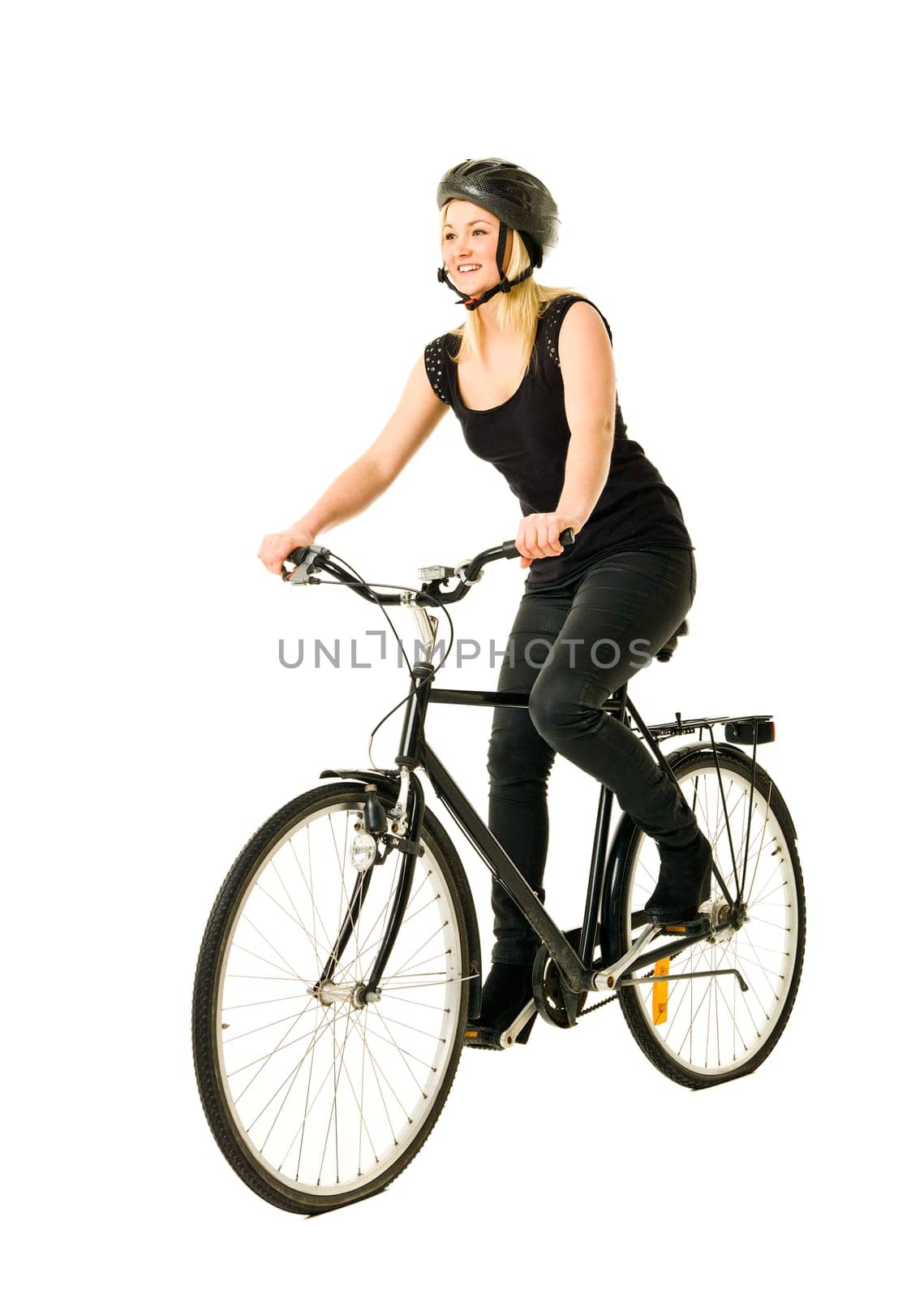 Woman on a bicycle isolated on white background