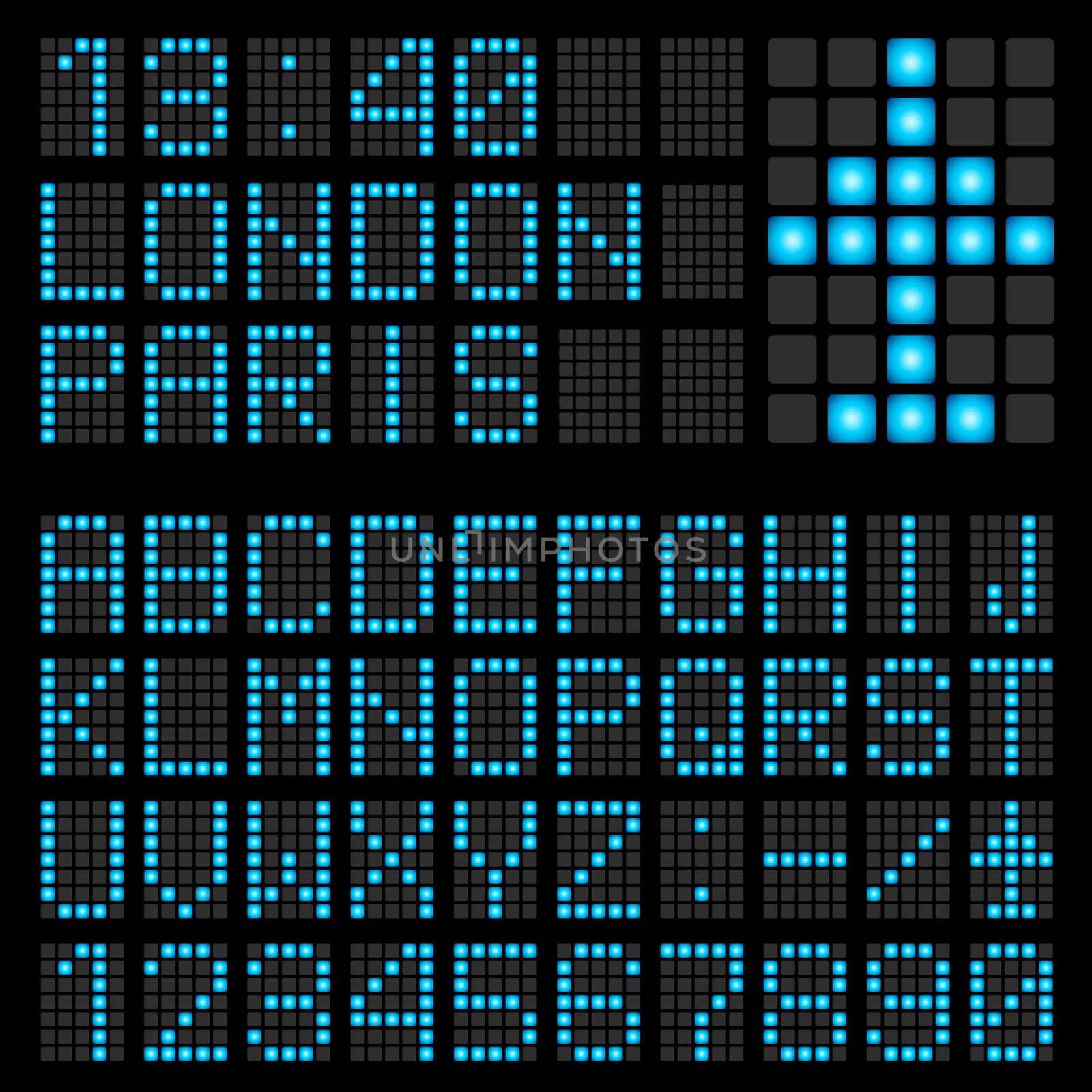 Set of blue letters on a mechanical timetable. Illustration of the designer