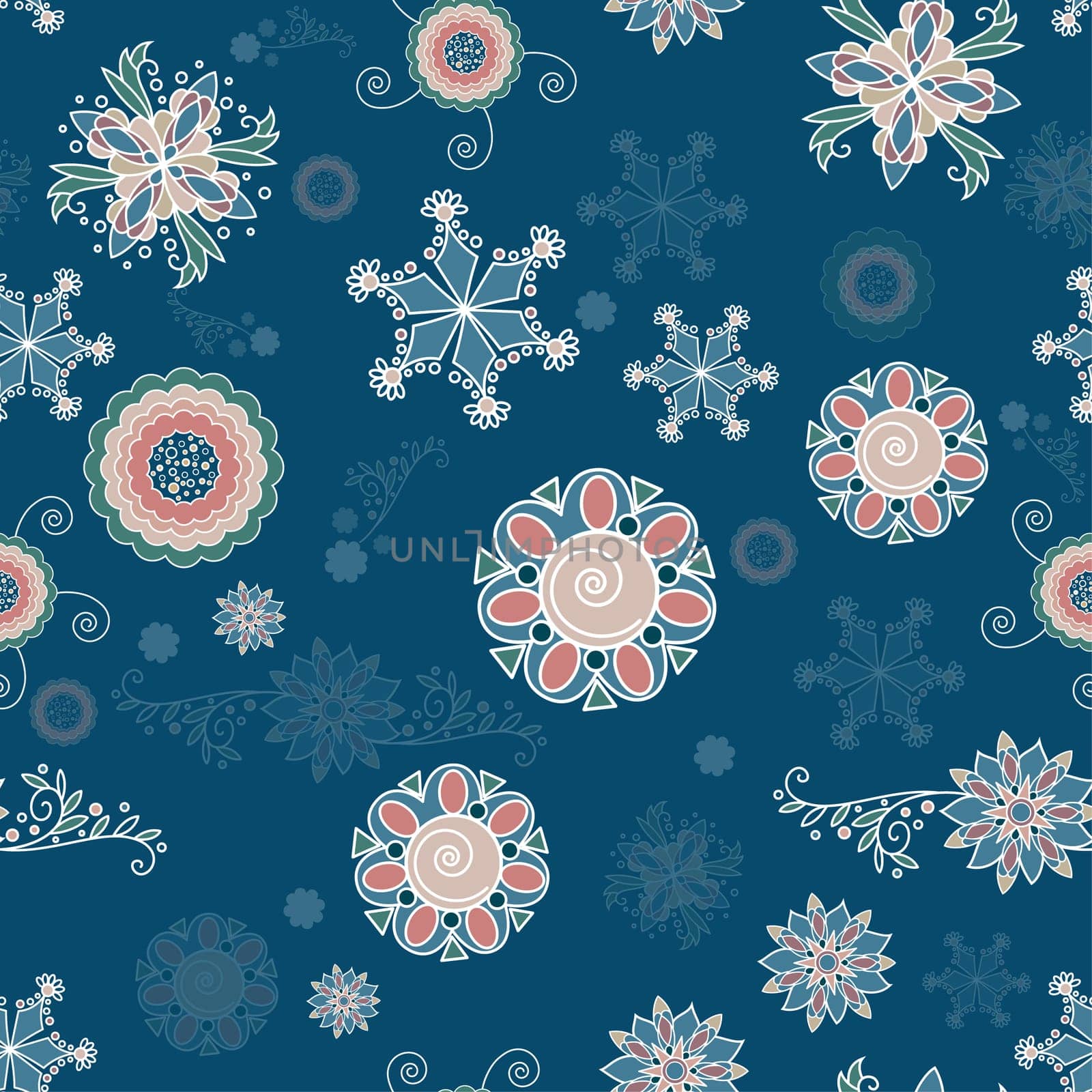 Christmas background of abstract snowflakes. Illustration on blue background