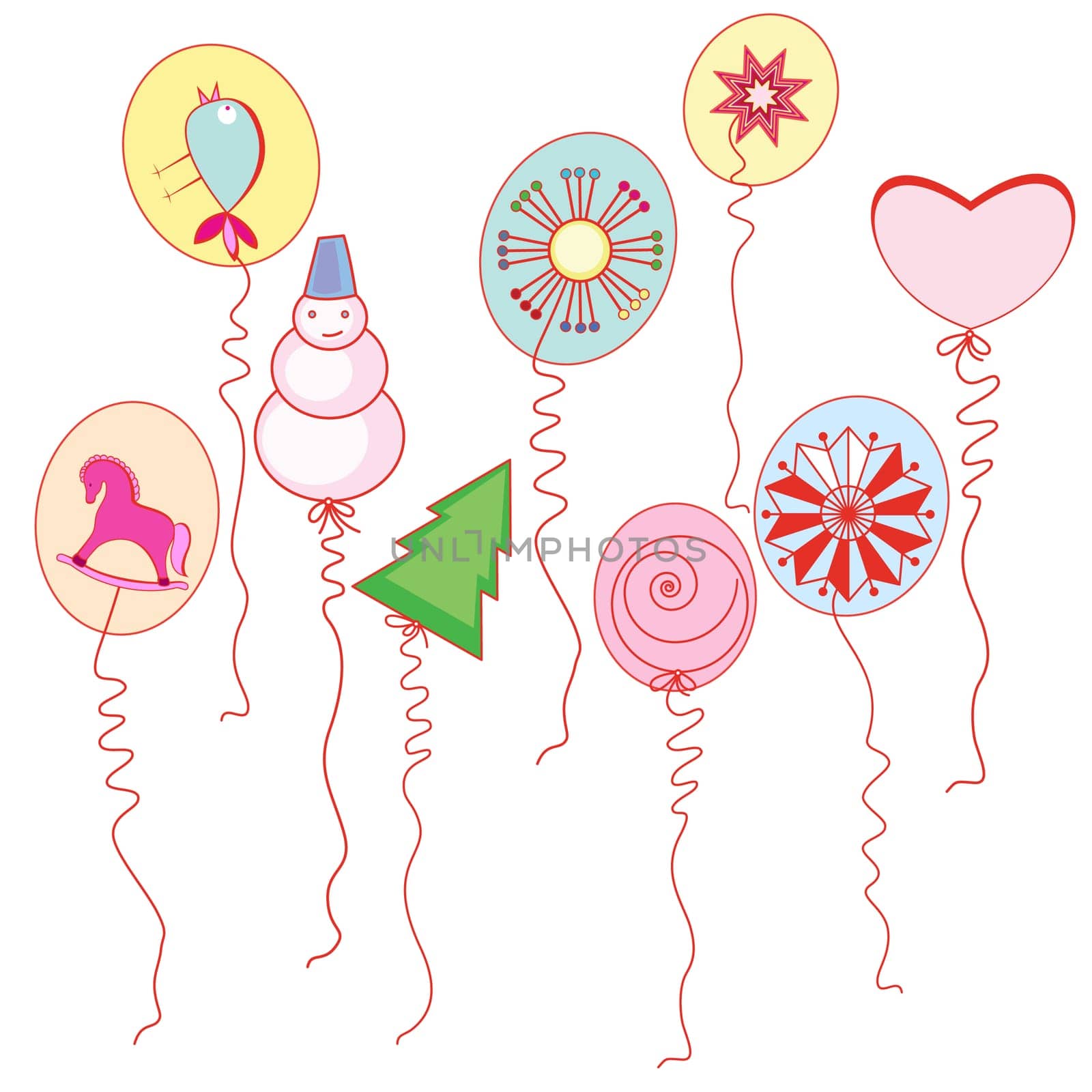 Balloons with drawings of the New Year.  Illustration on white background