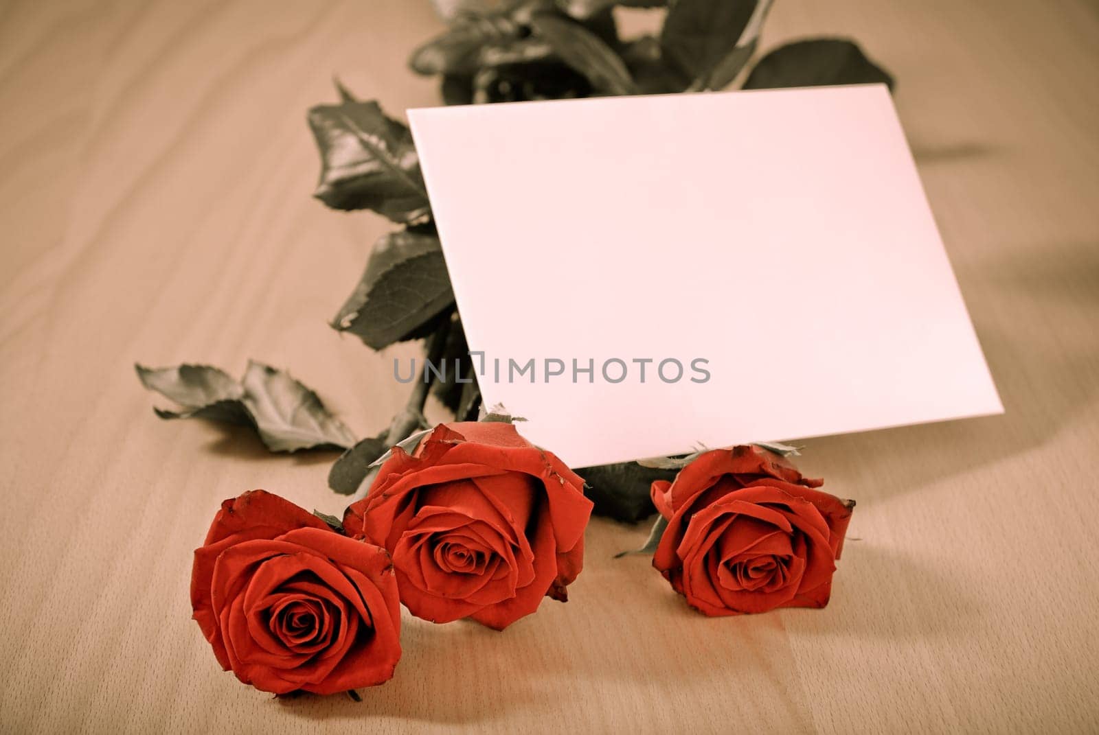 Love message on table - red roses with envelope