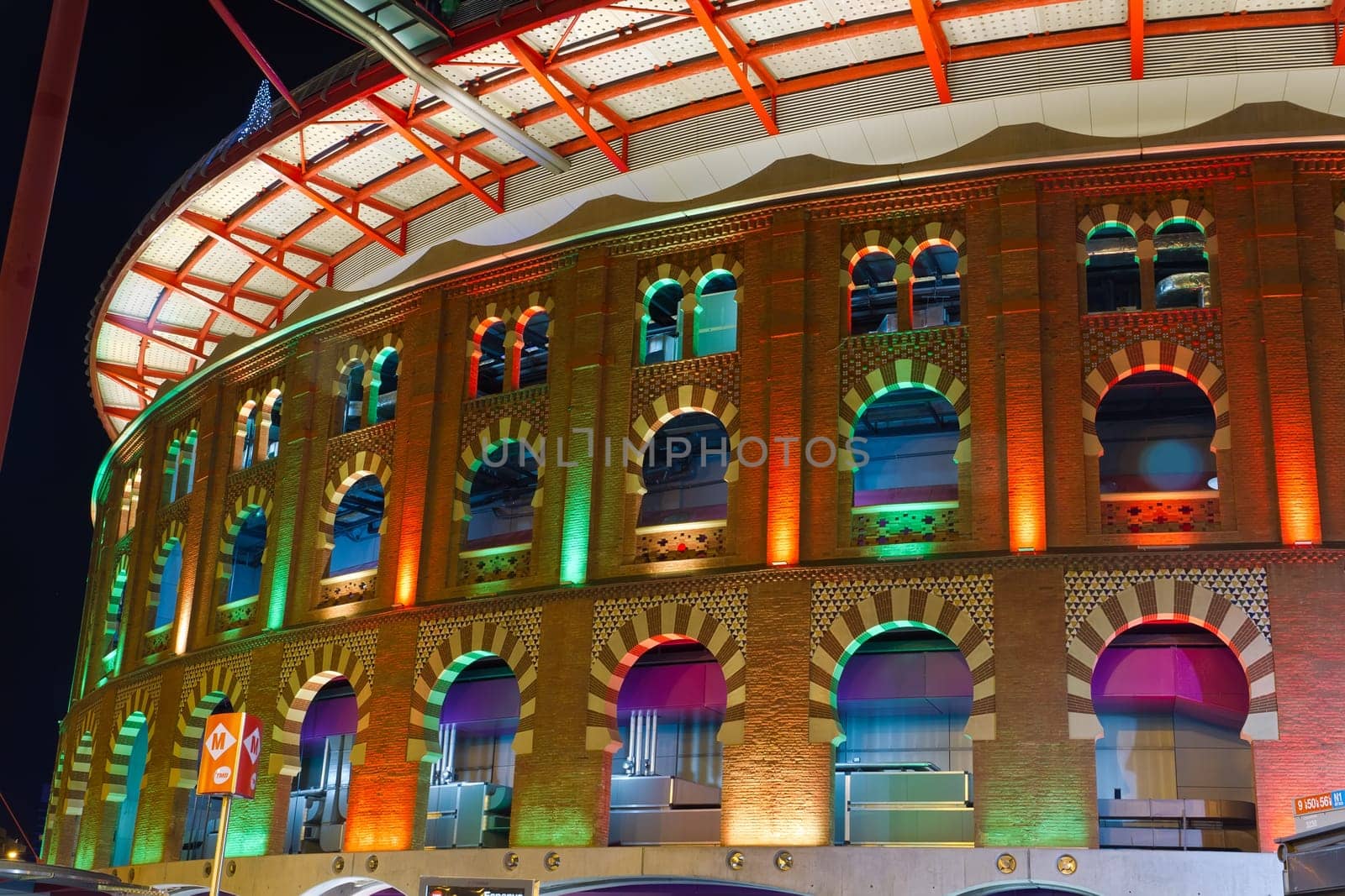 Bullring Arenas on Spain Square. Of traditional neo-Mudejar style. New shopping center in Barcelona. Inside is a museum of rock and roll. Opened in June 1900. Barcelona, Catalonia, Spain.
