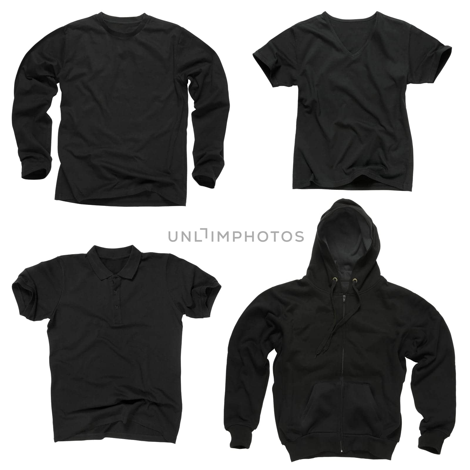 Photograph of four wrinkled blank black shirts, long sleeve shirt, golf shirt, V-neck and hoodie.  Clipping path included.  Ready for your design or logo.
