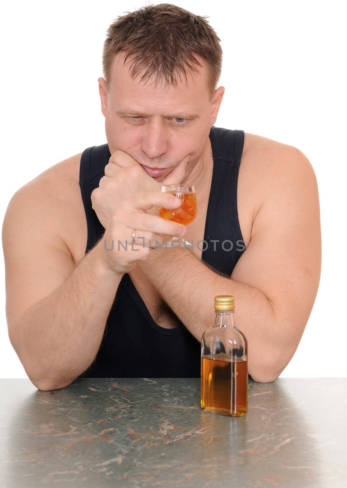 drunk man with a glass in his hand isolated on white background