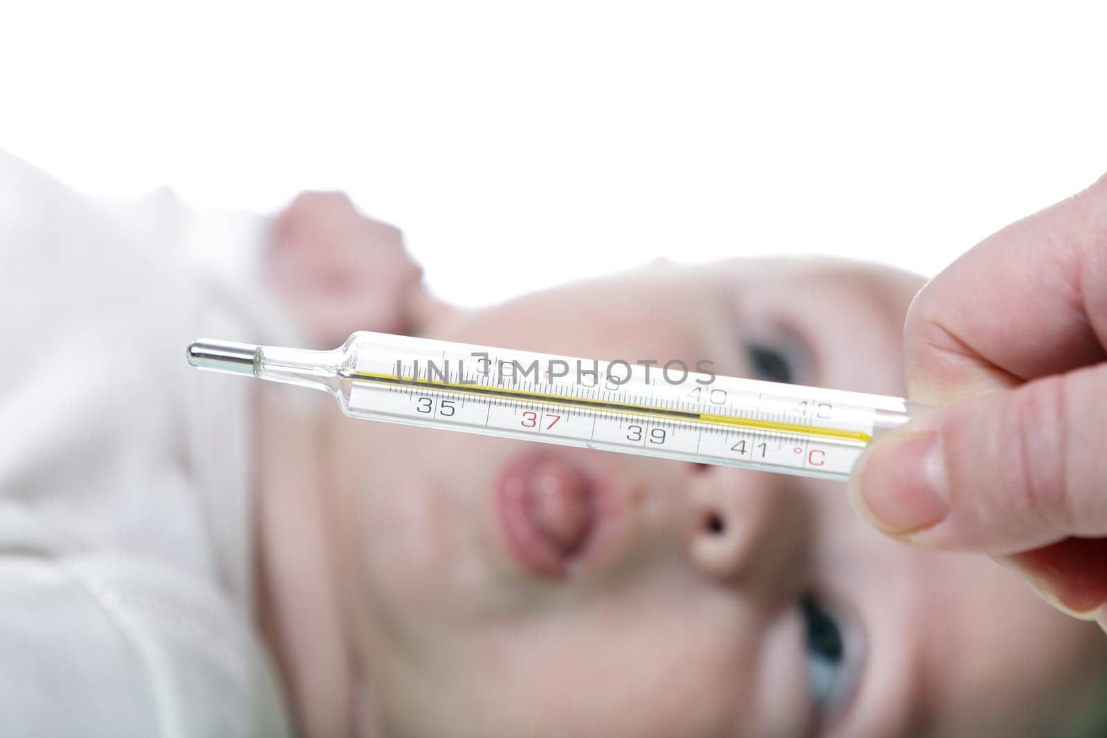 thermometer and newborn with tongue out - HIGH TEMPERATURE