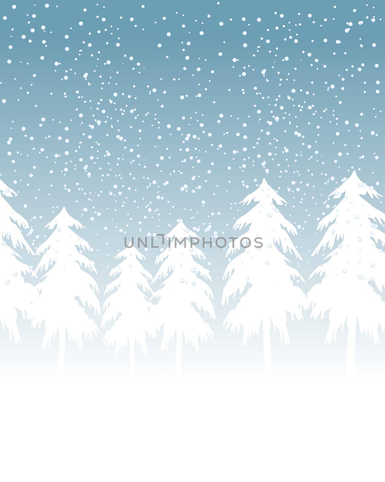 Winter celebration card with evergreen silhouettes in the snow.