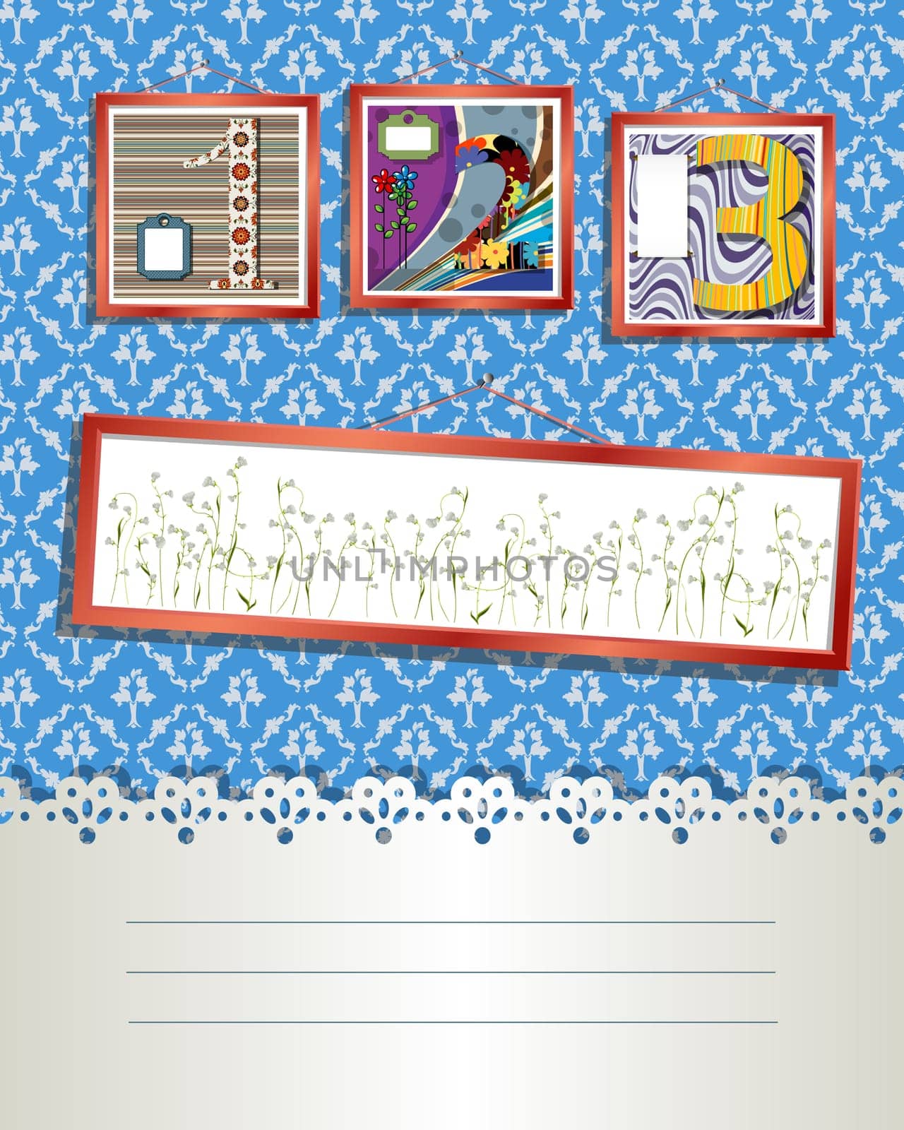 Decorative card in ART DECO style with framed pictures and text label.