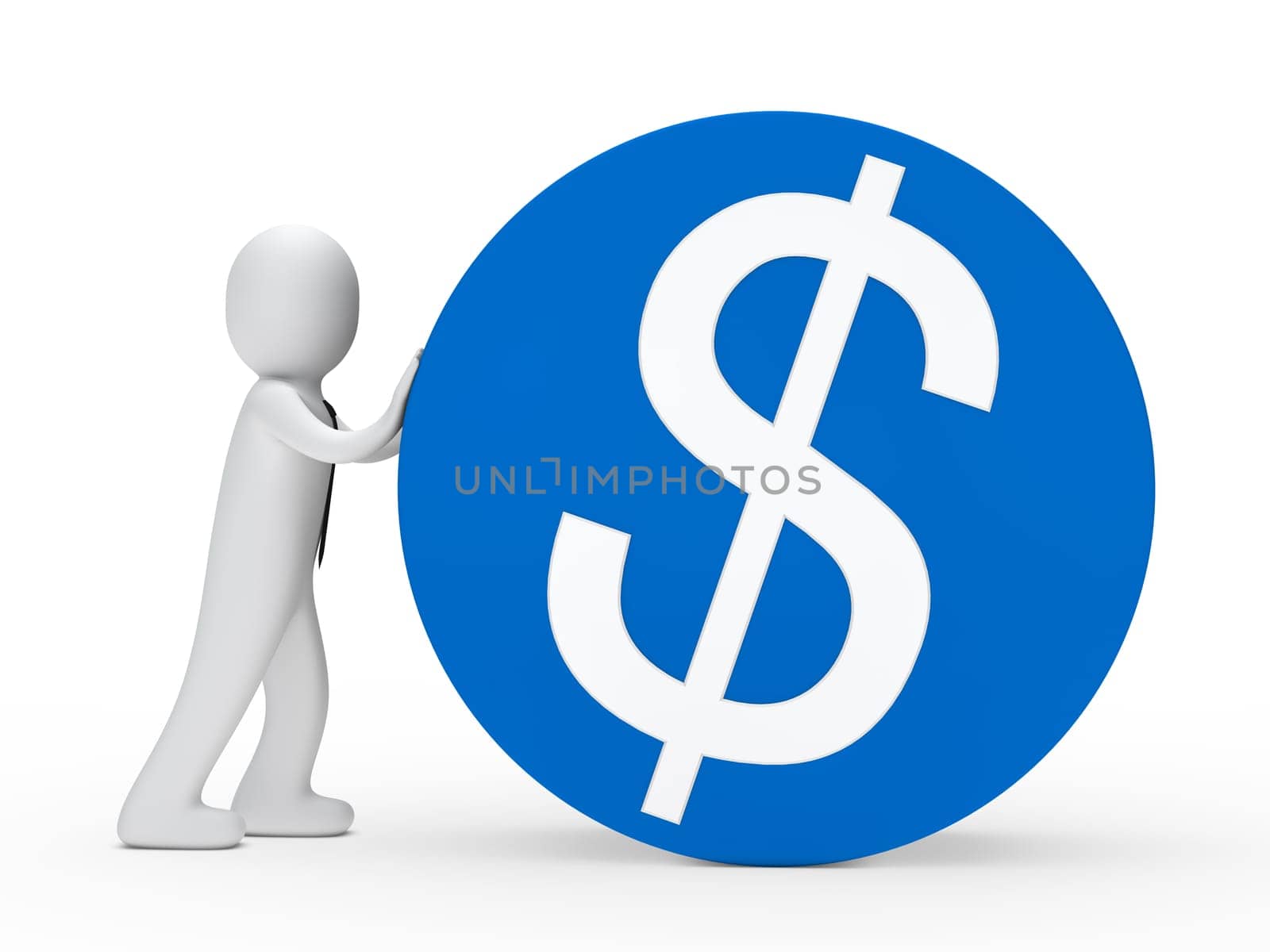 Businessman with tie push blue dollar circle