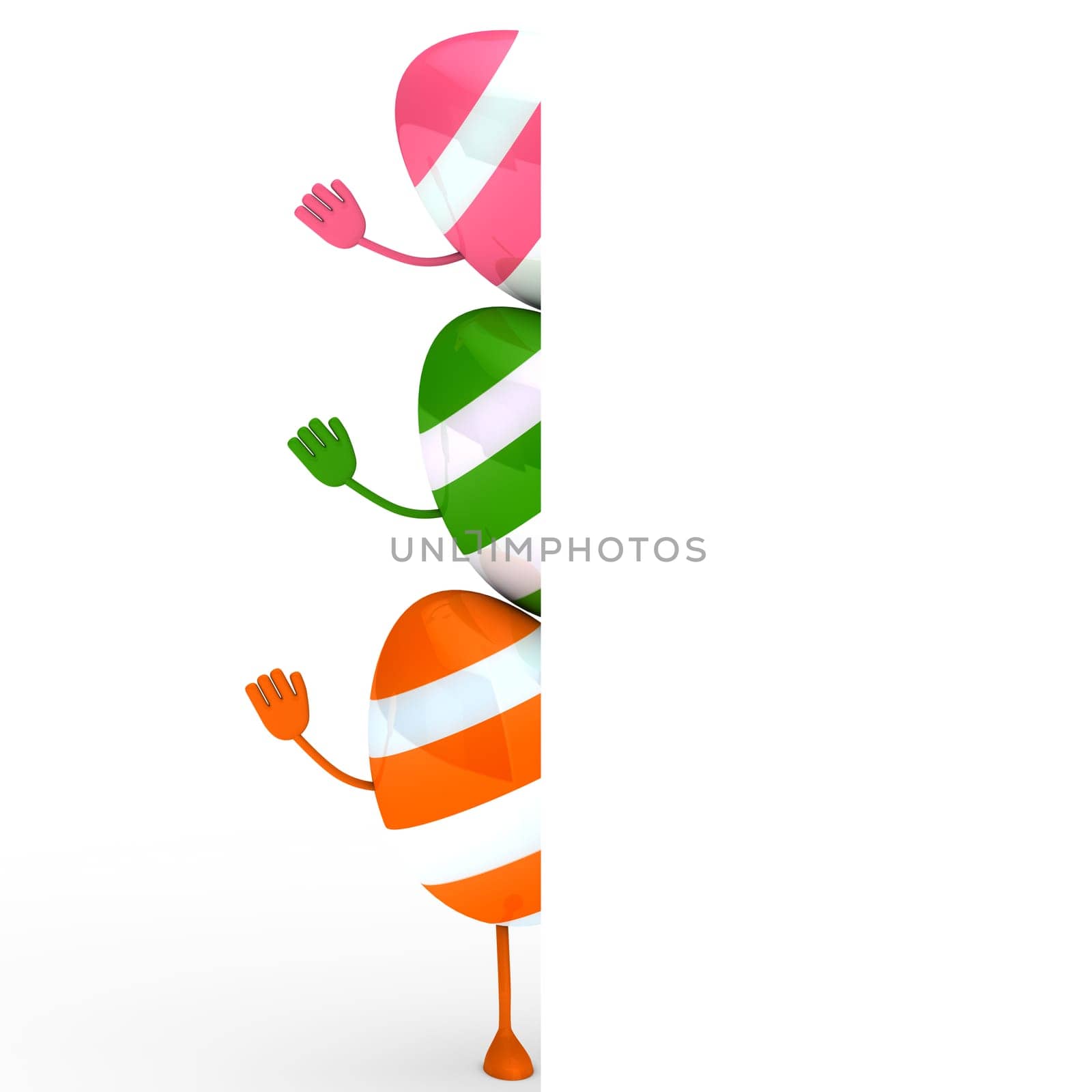 three colorful easter eggs with streak wave hand