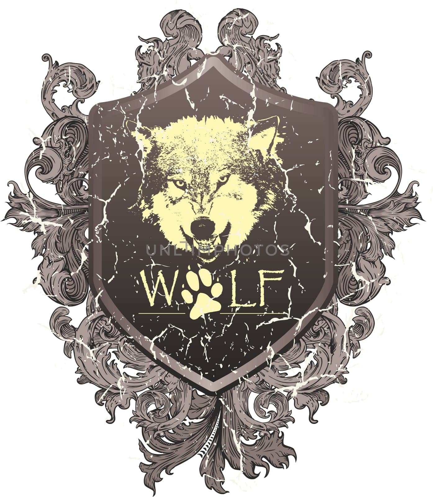wolf bares its teeth, with a shield and rear leaves