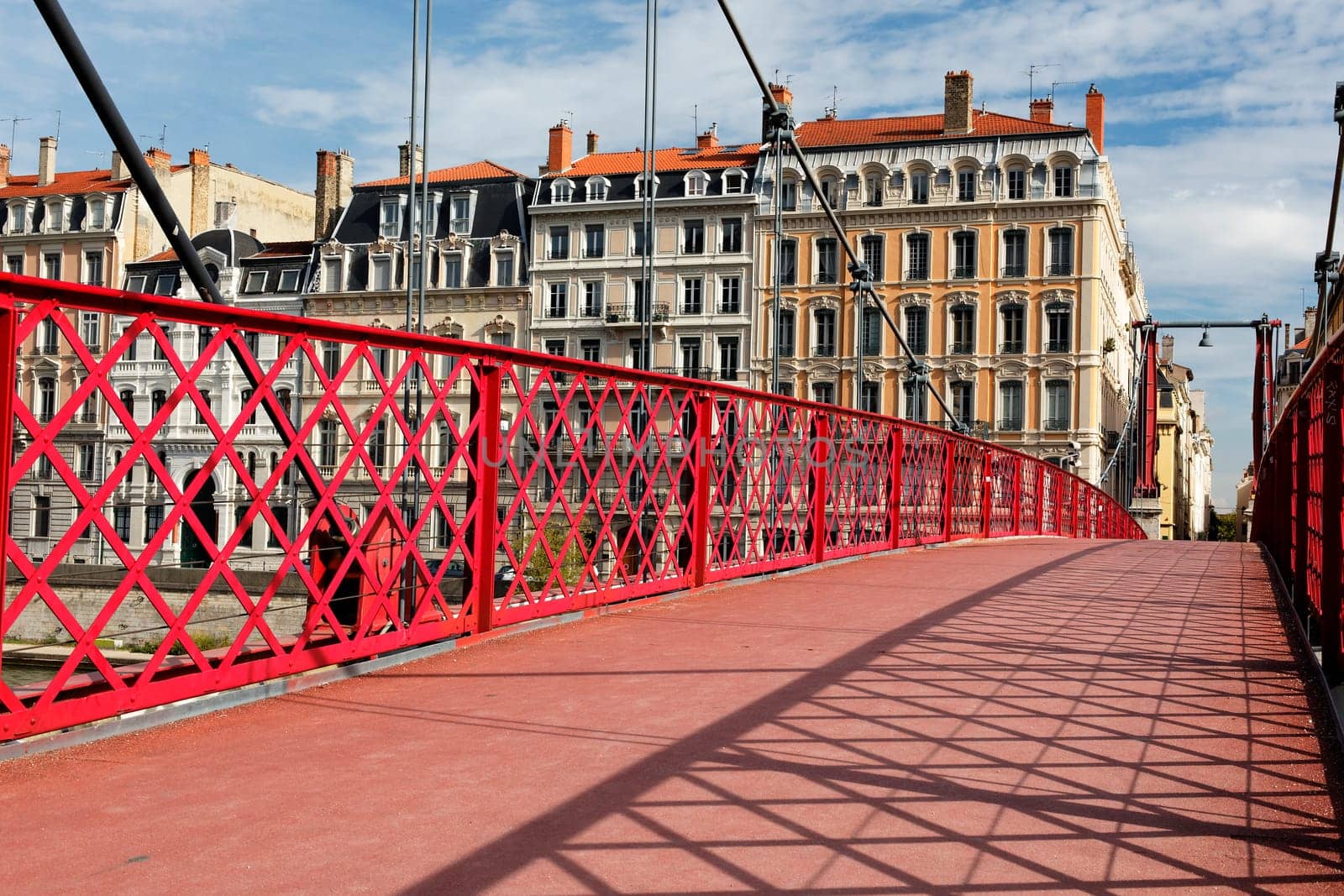 famous red footbridge in Lyon city in France