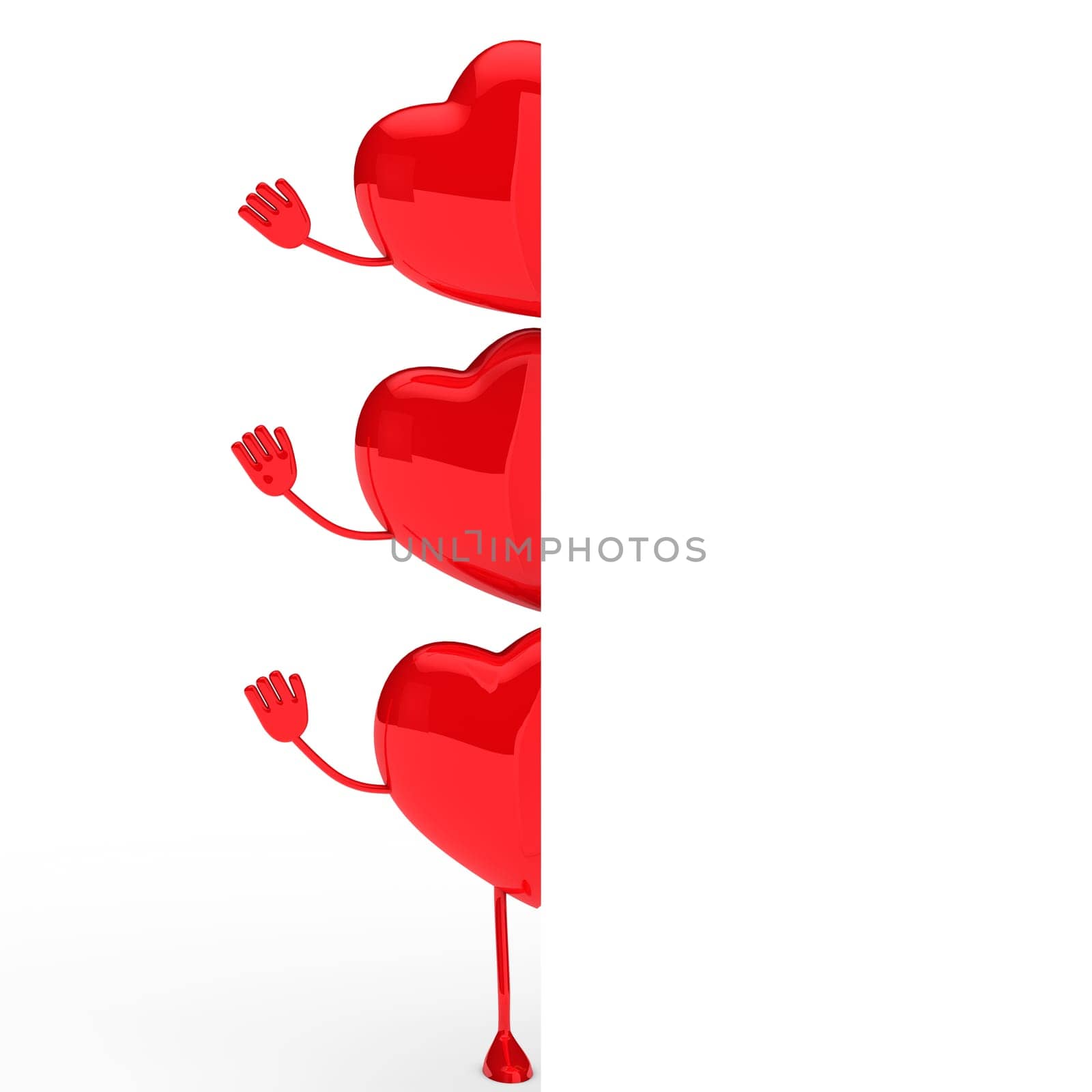 glossy red valentine hearts wave behind wall