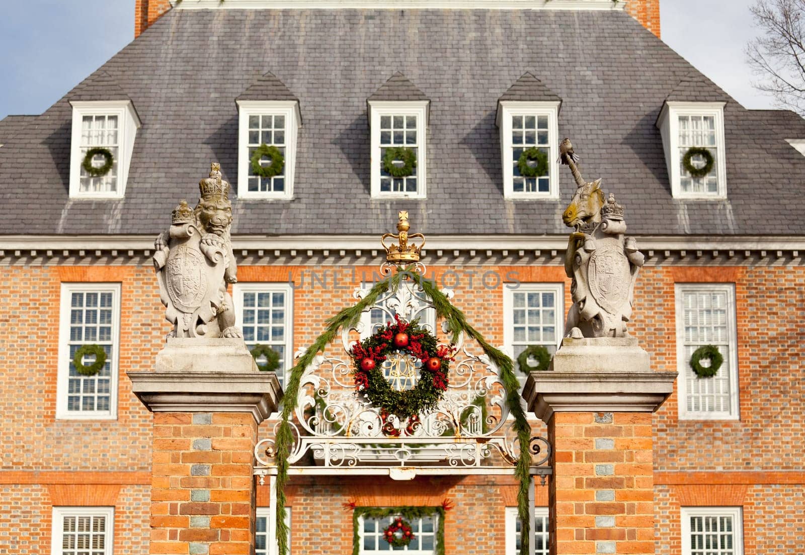 WILLIAMSBURG, VIRGINIA - DECEMBER 30: Entrance to Governors Palace decorated for xmas on December 30, 2011. Colonial Williamsburg&#039 s 301 acres includes many restored buildings and houses