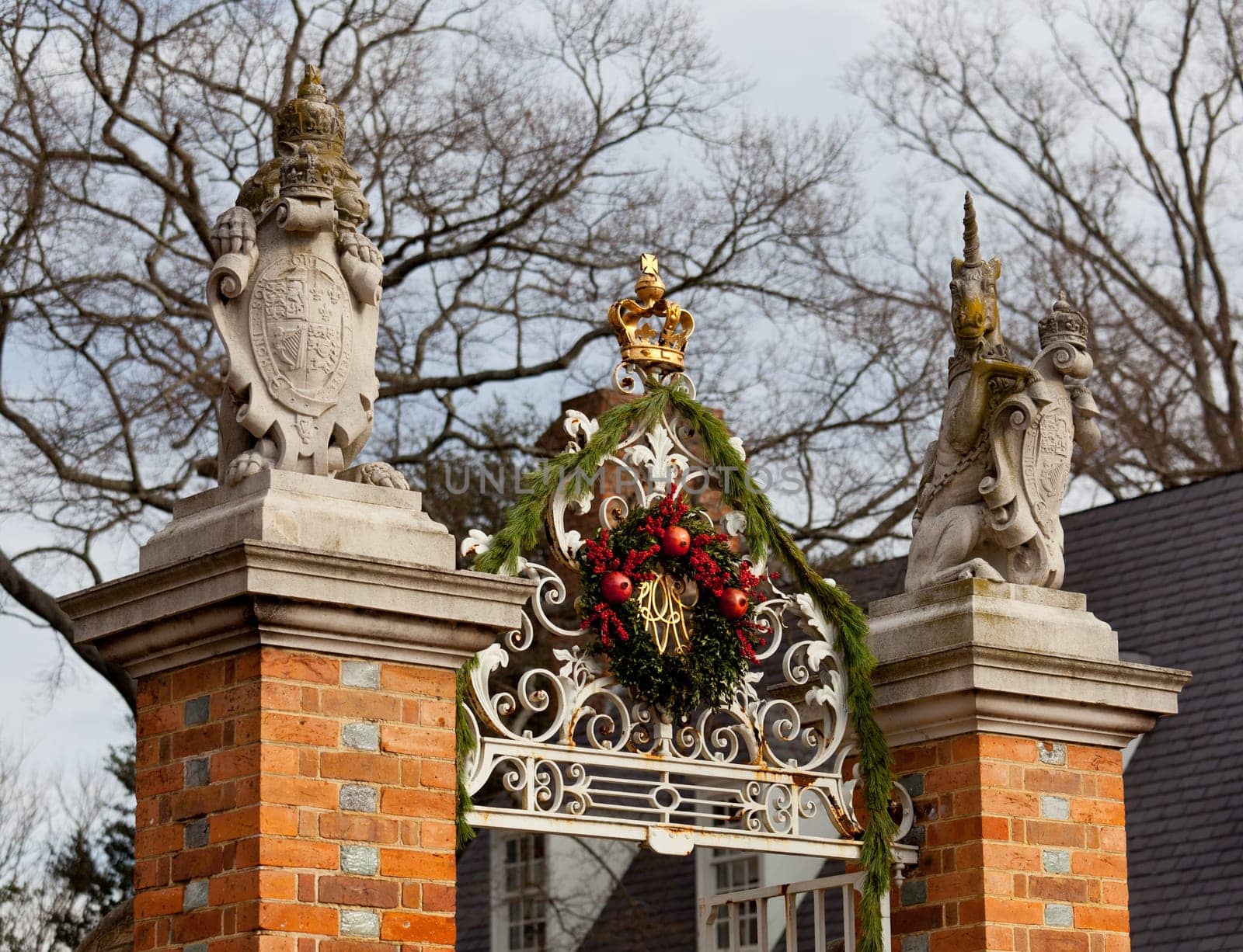 WILLIAMSBURG, VIRGINIA - DECEMBER 30: Entrance to Governors Palace decorated for xmas on December 30, 2011. Colonial Williamsburg&#039 s 301 acres includes many restored buildings and houses