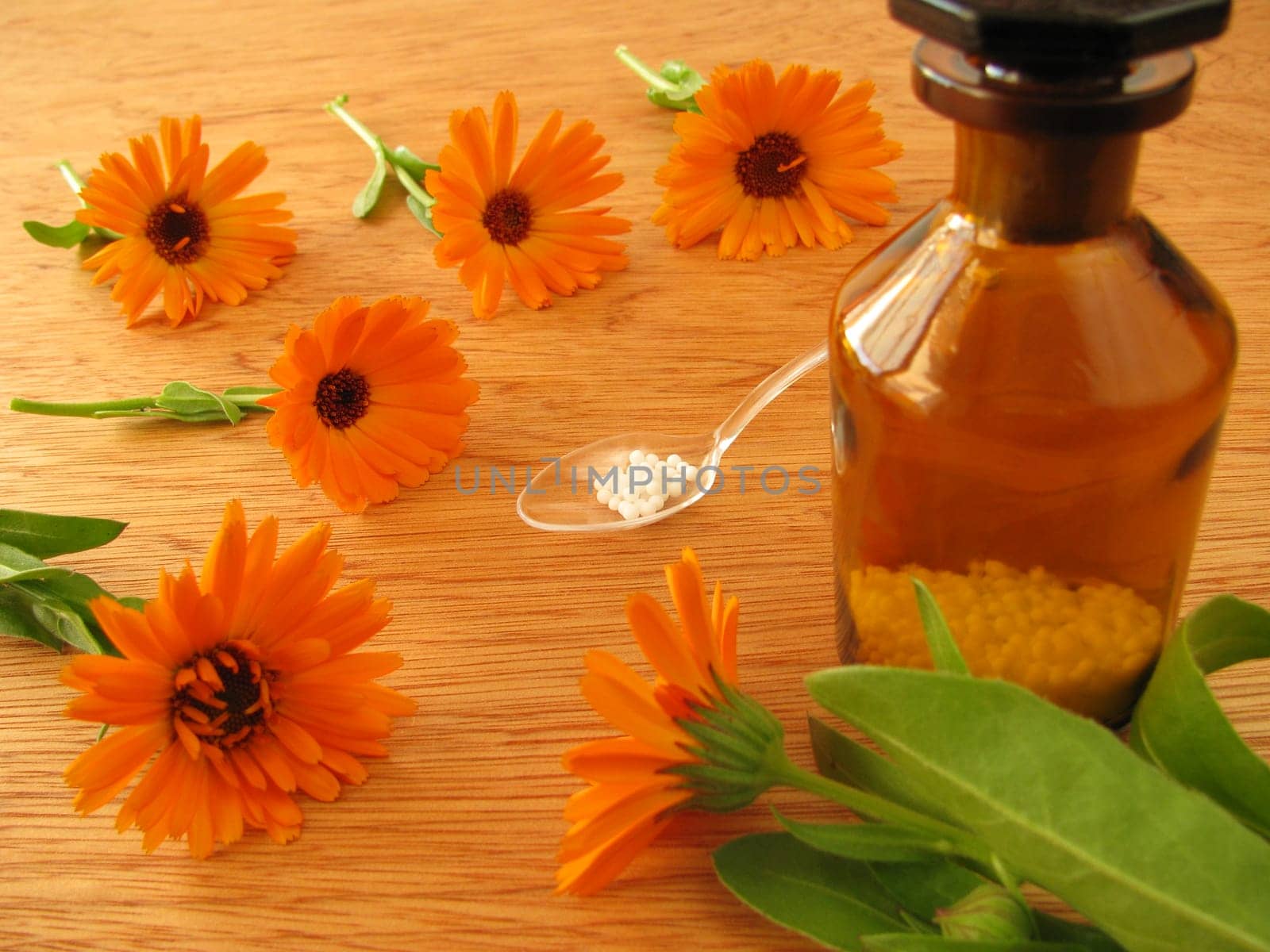 Homeopathic globules and calendula flowers