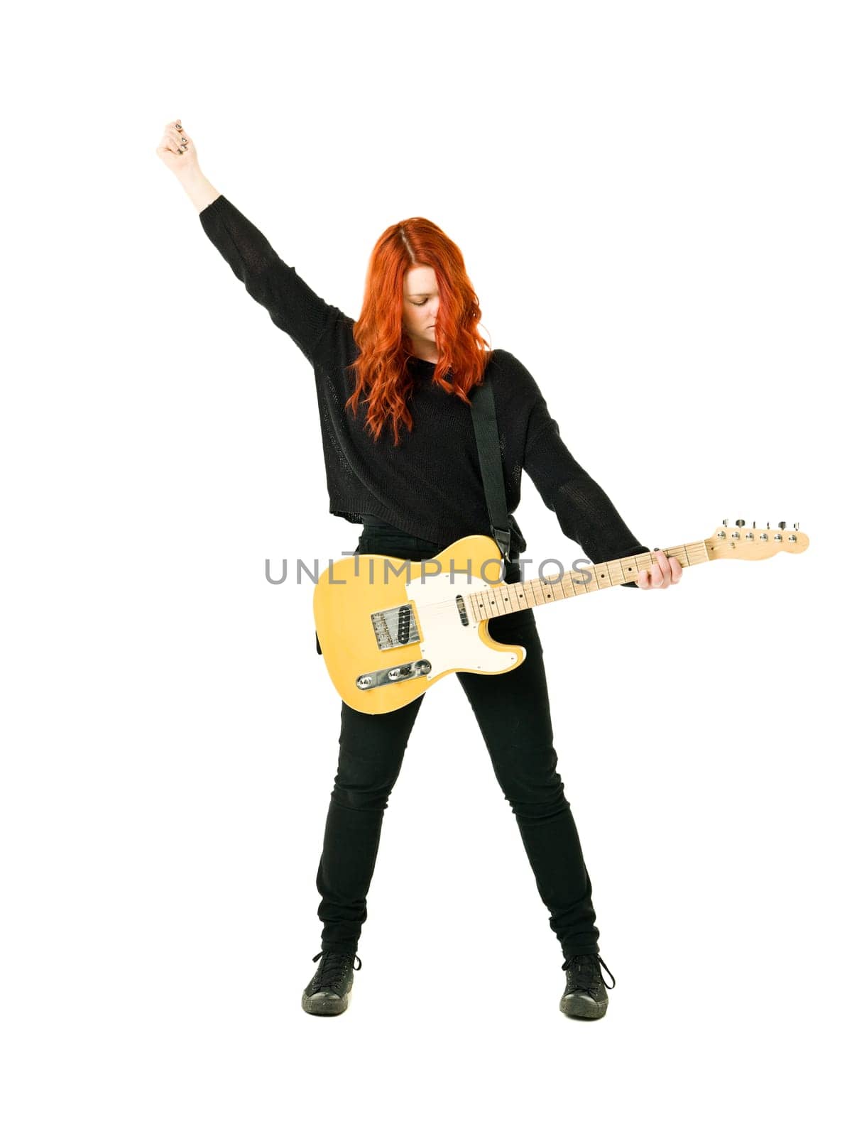 Female Guitar player isolated on white background