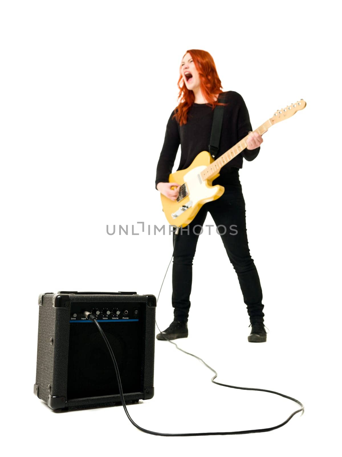 Female Guitar player isolated on white background