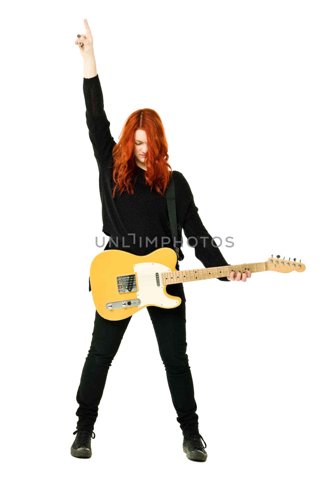 Female Guitar player isolated on white background