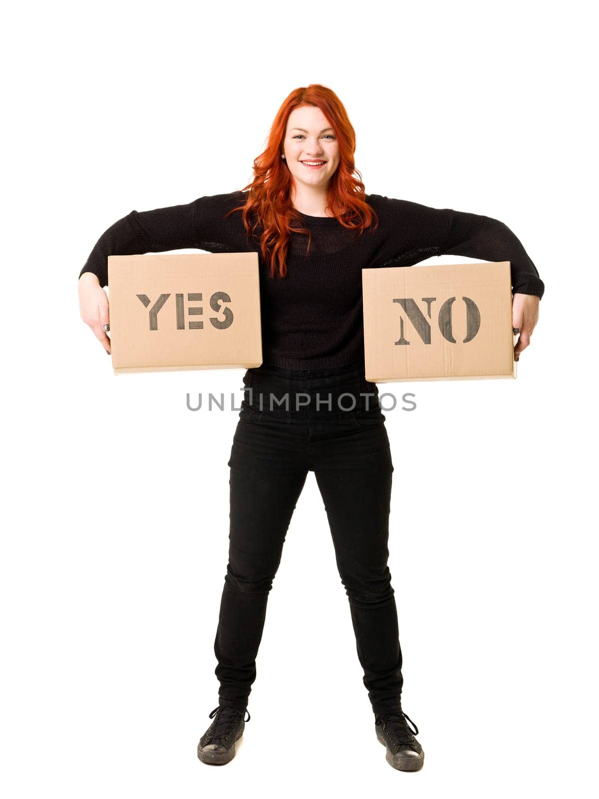 Woman with two options isolated on white background