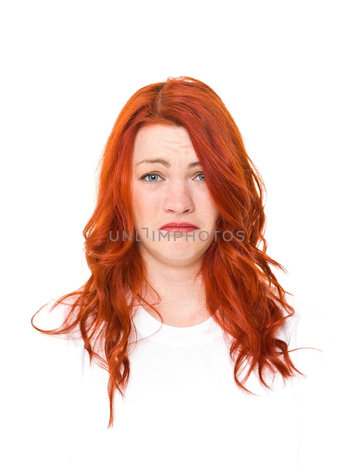 Woman with red hair isolated on white background