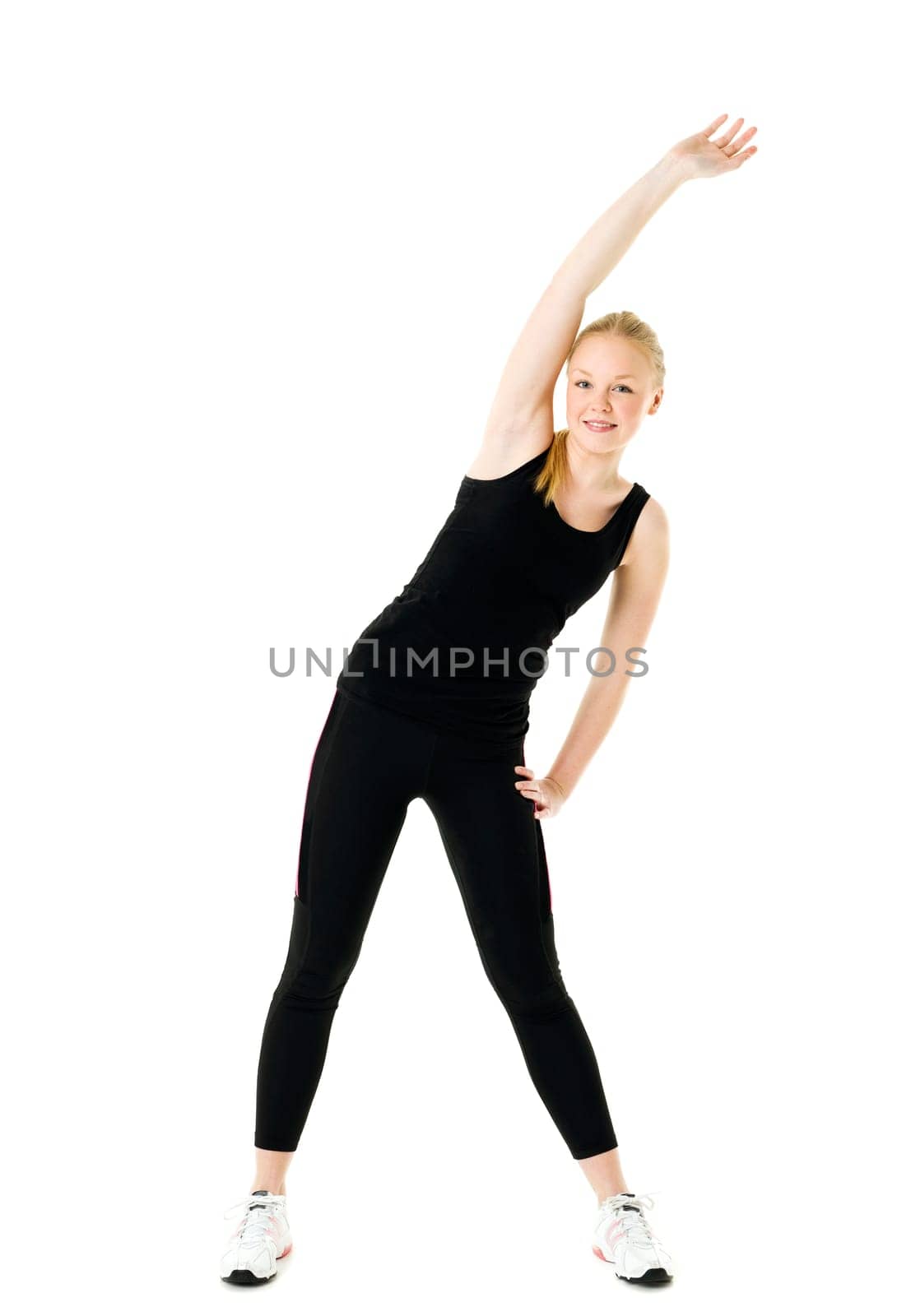 Young woman doing aerobics isolated on white background